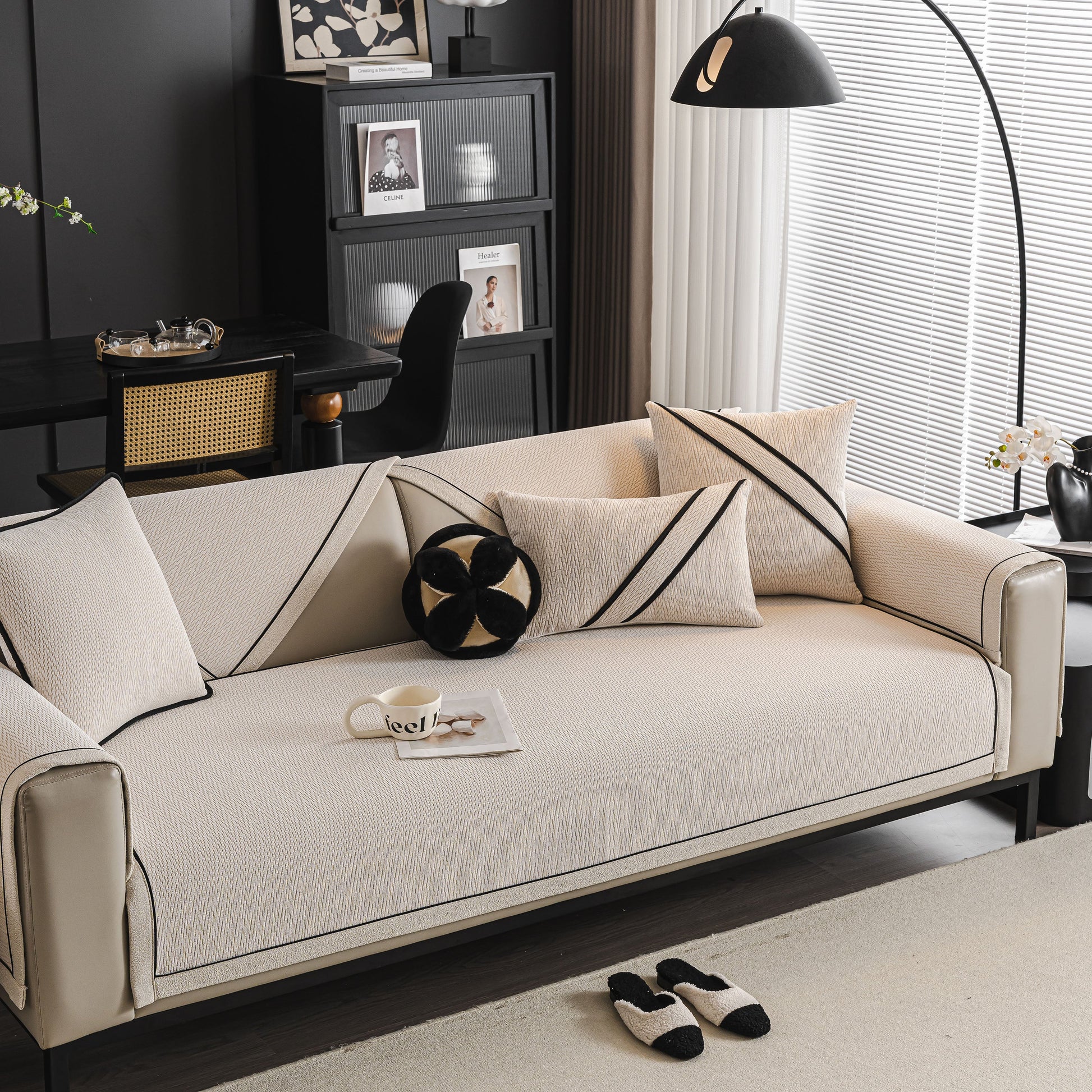 Herringbone Couch Protector for Pets, Non-Slip Washable Sectional Couch Covers on stylish modern sofa, featuring decorative pillows.