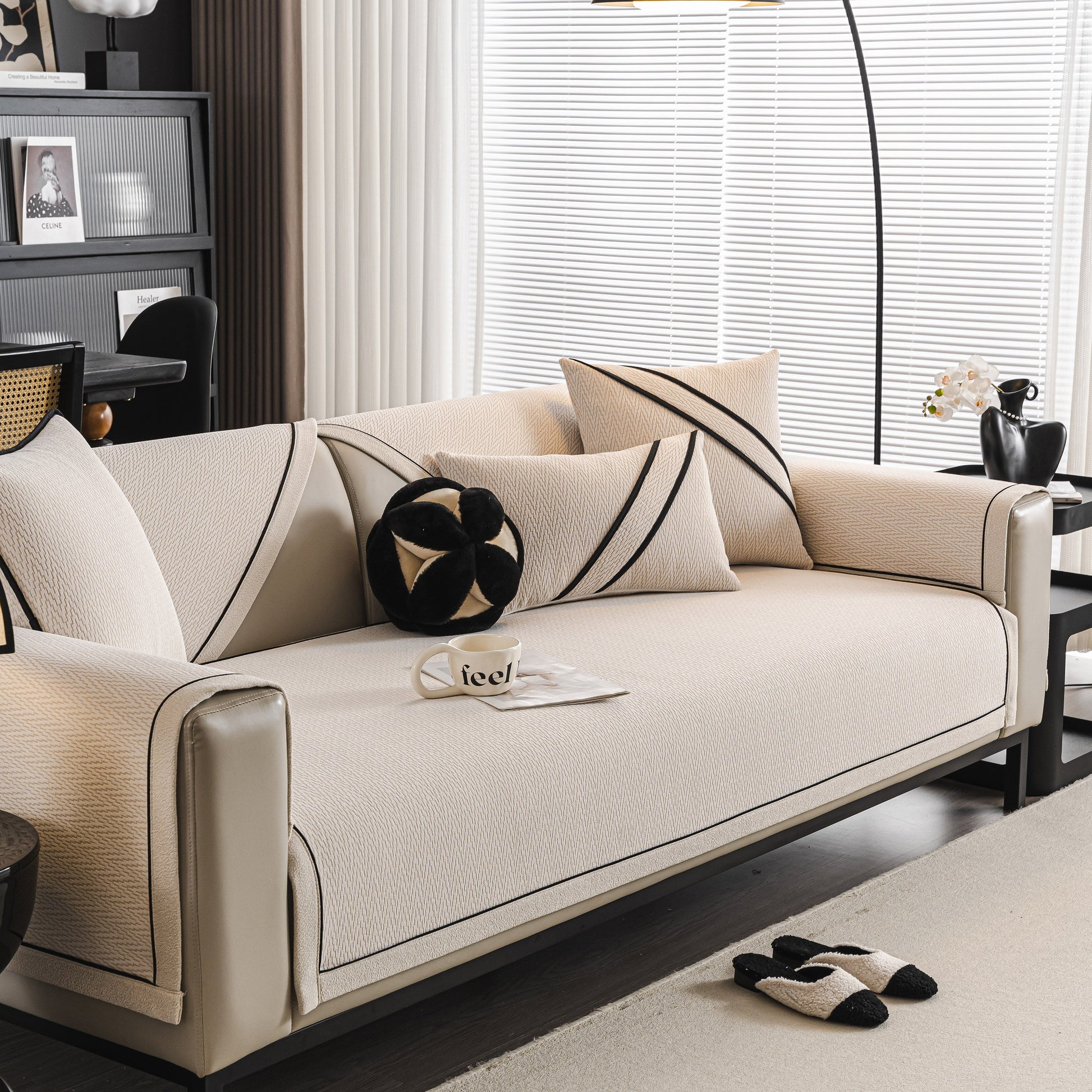 Herringbone Couch Protector for Pets, Non-Slip Washable Sectional Couch Covers displayed on stylish sofa.