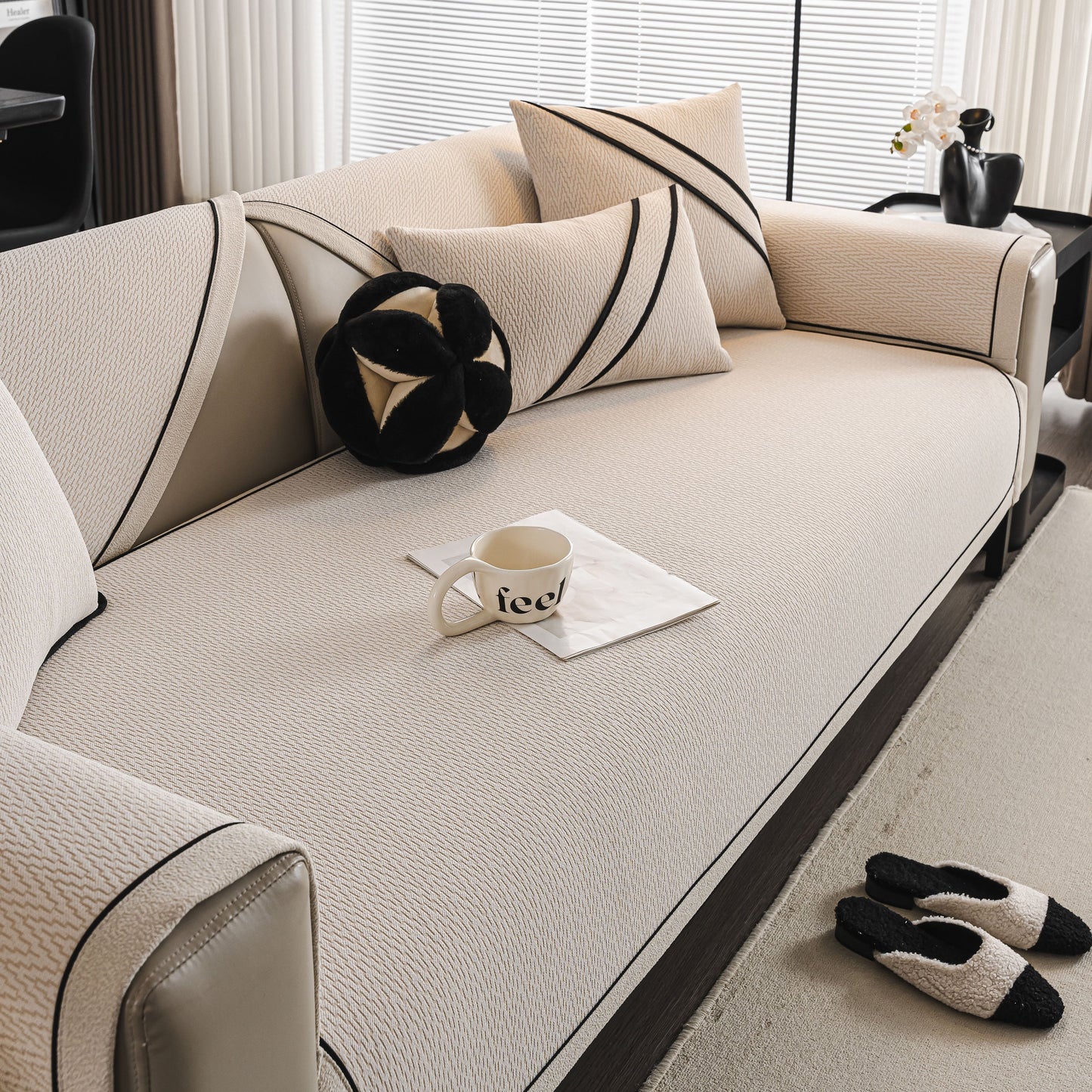 Herringbone Couch Protector for Pets, Non-Slip Washable Sectional Couch Covers on a luxurious sofa with decorative pillows and a cup