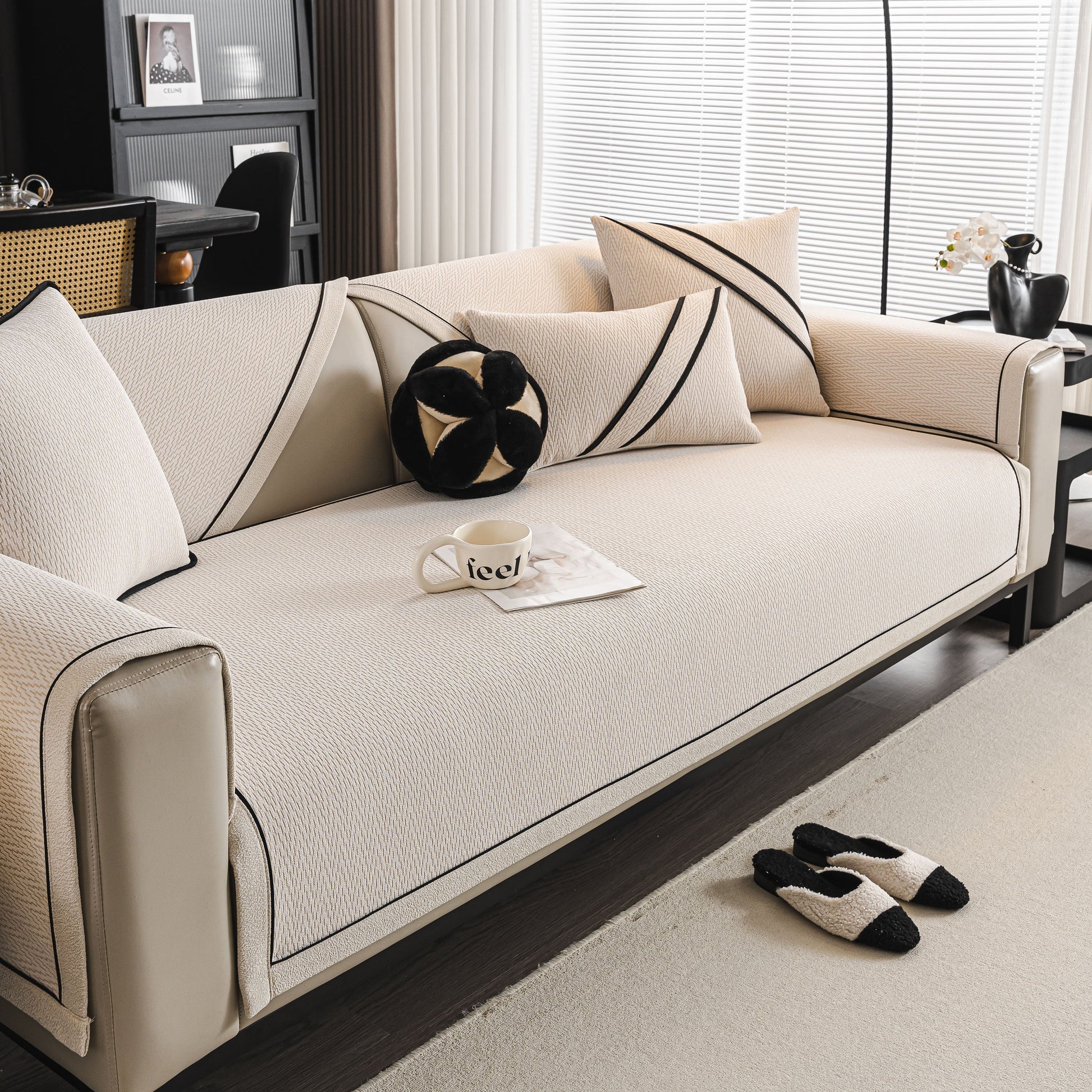 Herringbone Couch Protector for Pets, Non-Slip Washable Sectional Couch Covers in a modern living room setting with pillows