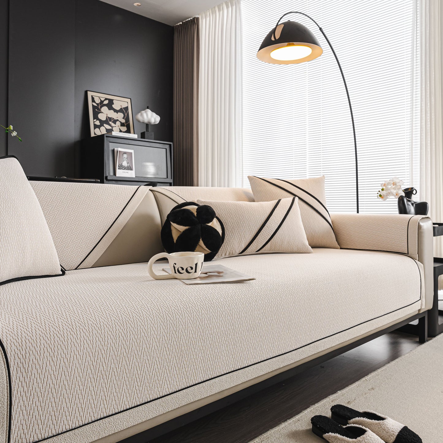 Modern living room with beige couch featuring Herringbone Couch Protector for Pets, Non-Slip Washable Sectional Couch Covers.