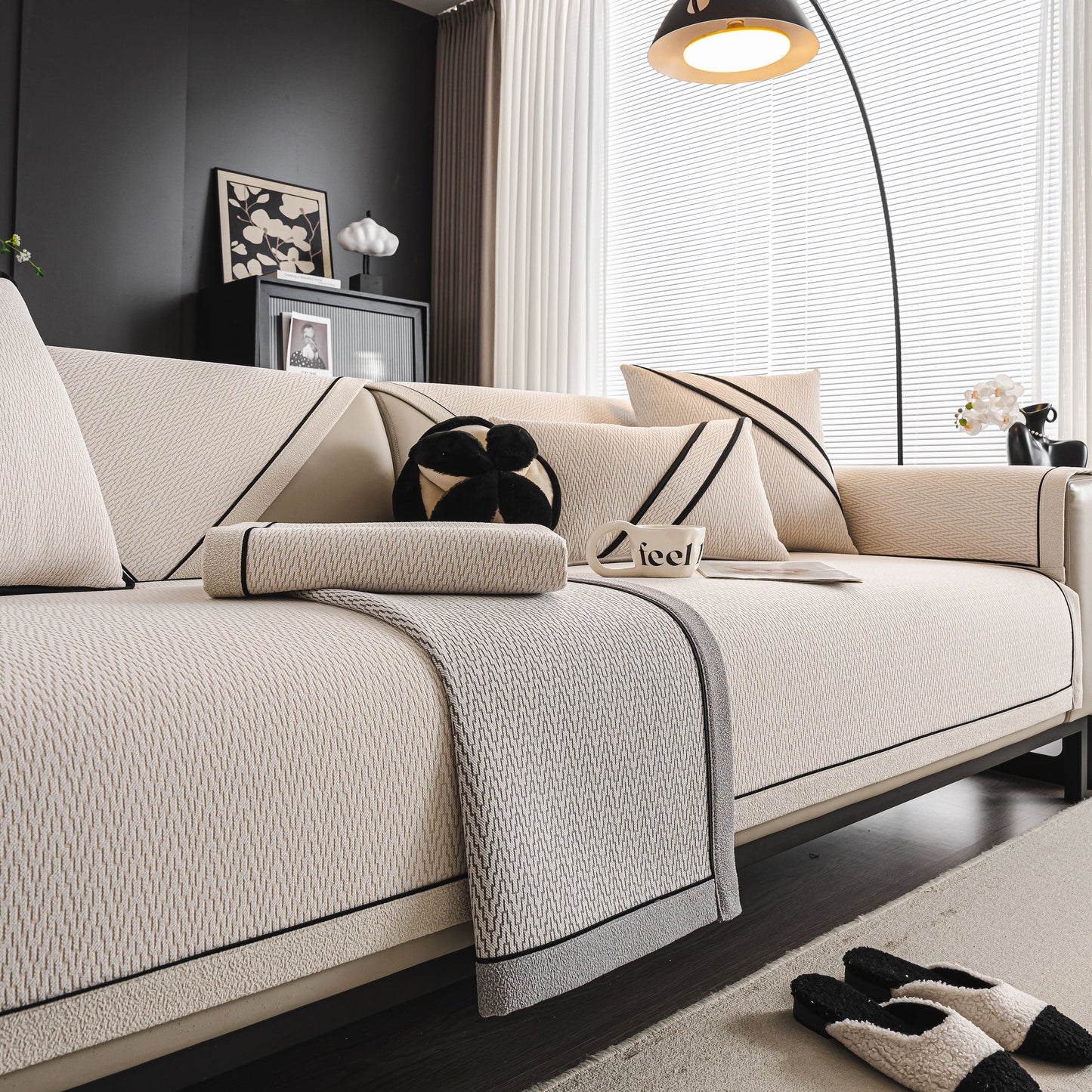 Herringbone Couch Protector for Pets, Non-Slip Washable Sectional Couch Covers on stylish modern sofa.