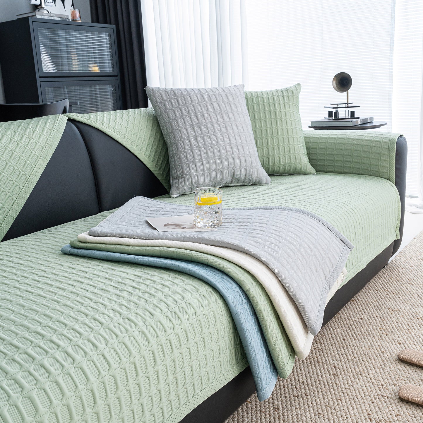 Geometric Textured Couch Slipcover Protector Non-Slip Ice Silk Sofa Cover for Couch