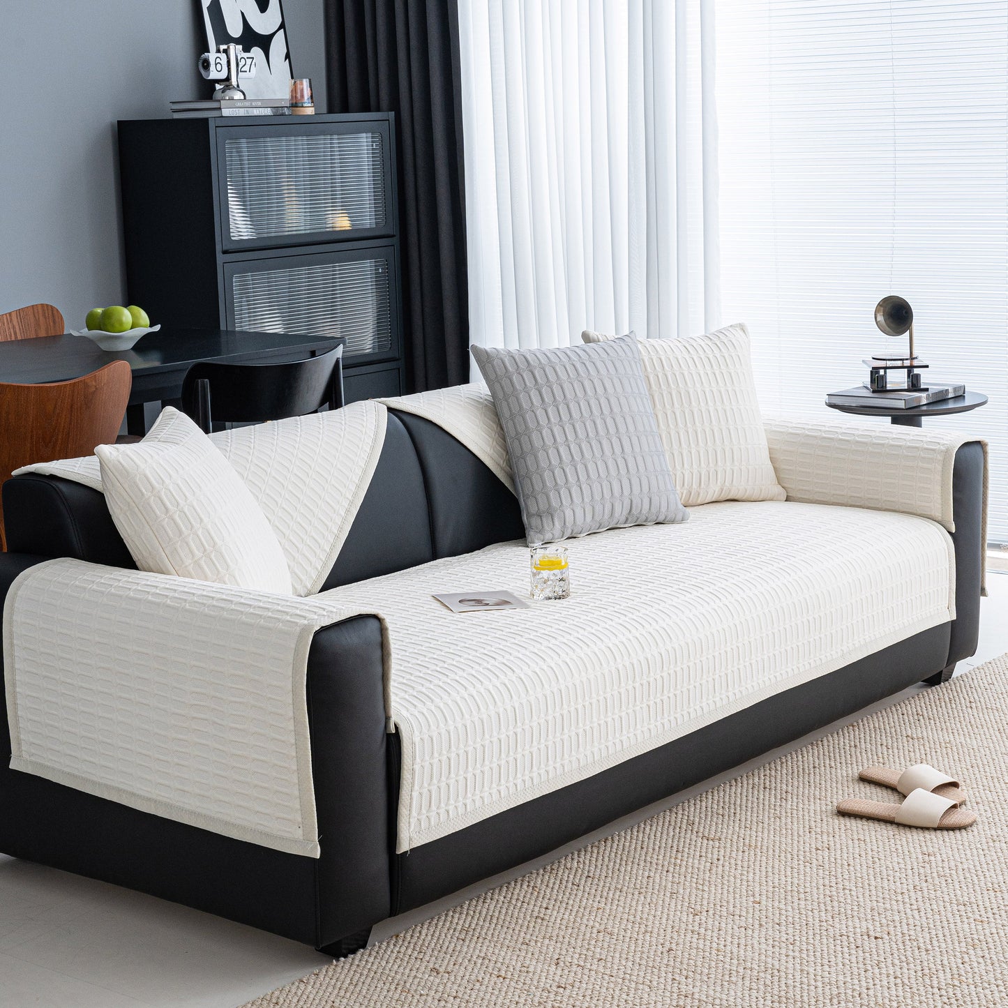 Geometric Textured Couch Slipcover Protector Non-Slip Ice Silk Sofa Cover for Couch