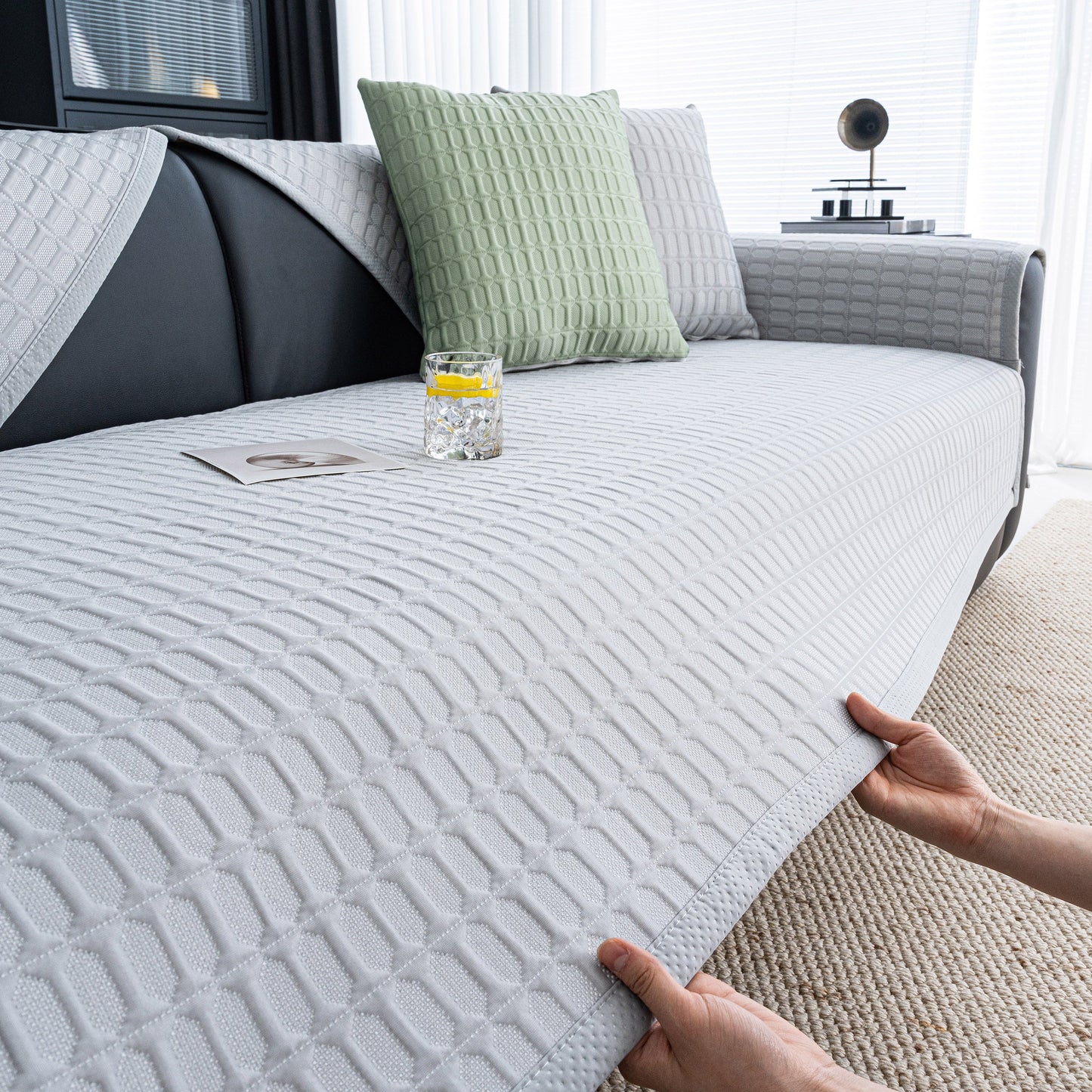 Geometric Textured Couch Slipcover Protector Non-Slip Ice Silk Sofa Cover for Couch