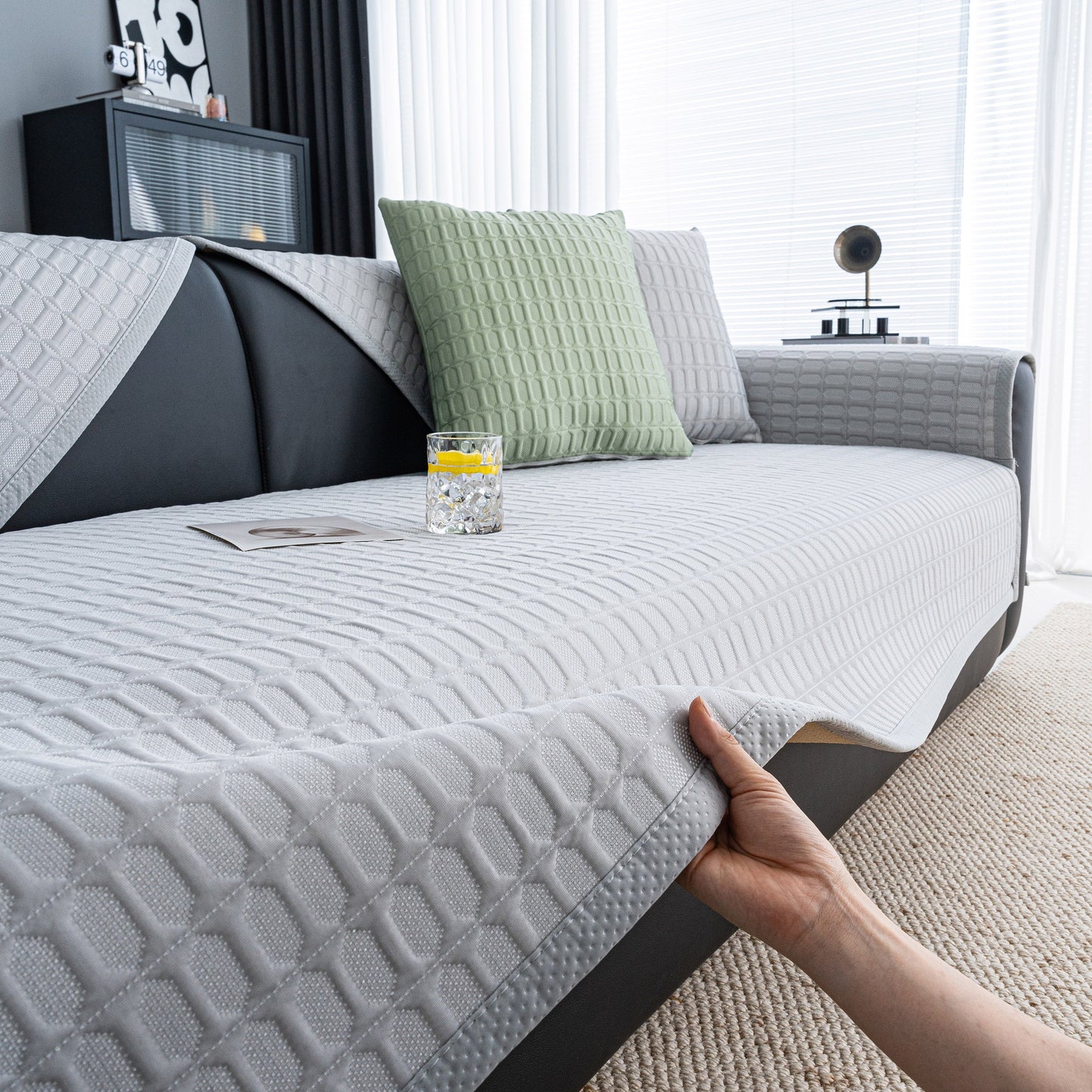 Geometric Textured Couch Slipcover Protector Non-Slip Ice Silk Sofa Cover for Couch