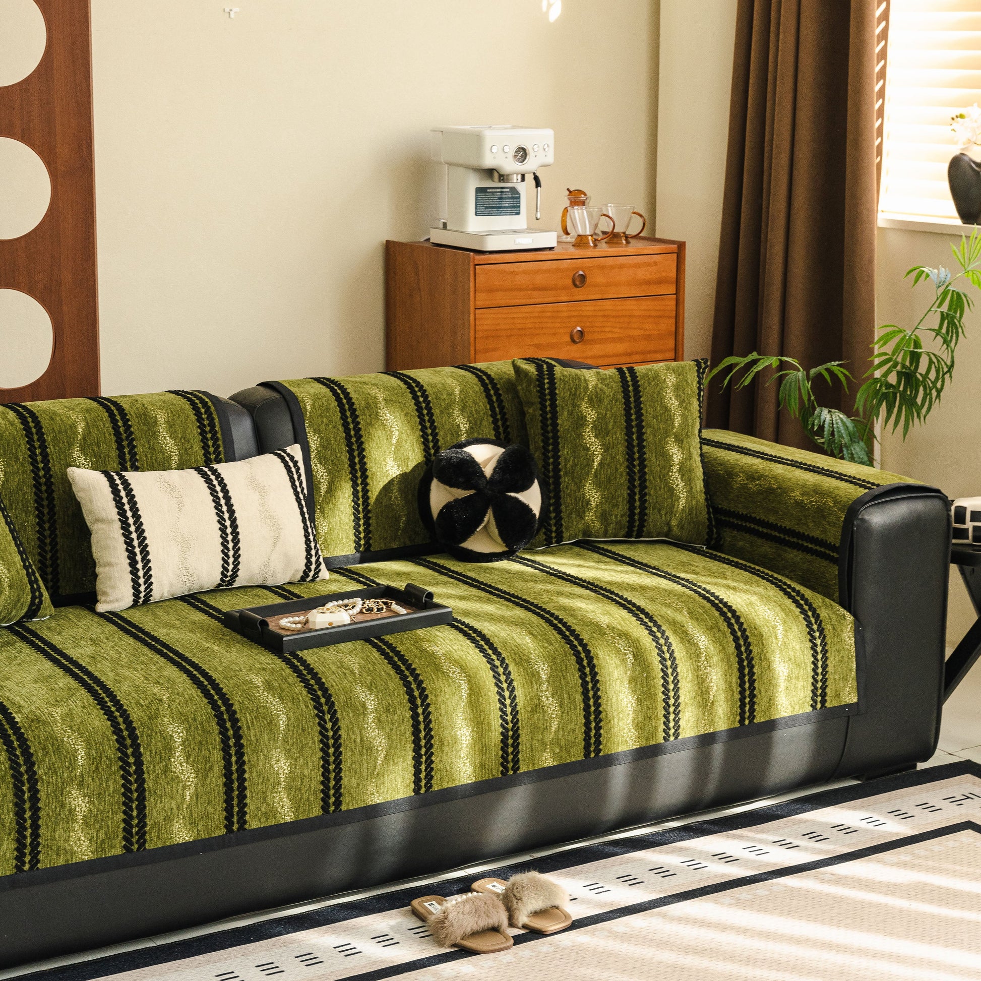 Non-Slip Sofa Cover with Thick Chenille Texture Woven Stripe Couch Protector Throw on a modern living room sofa.
