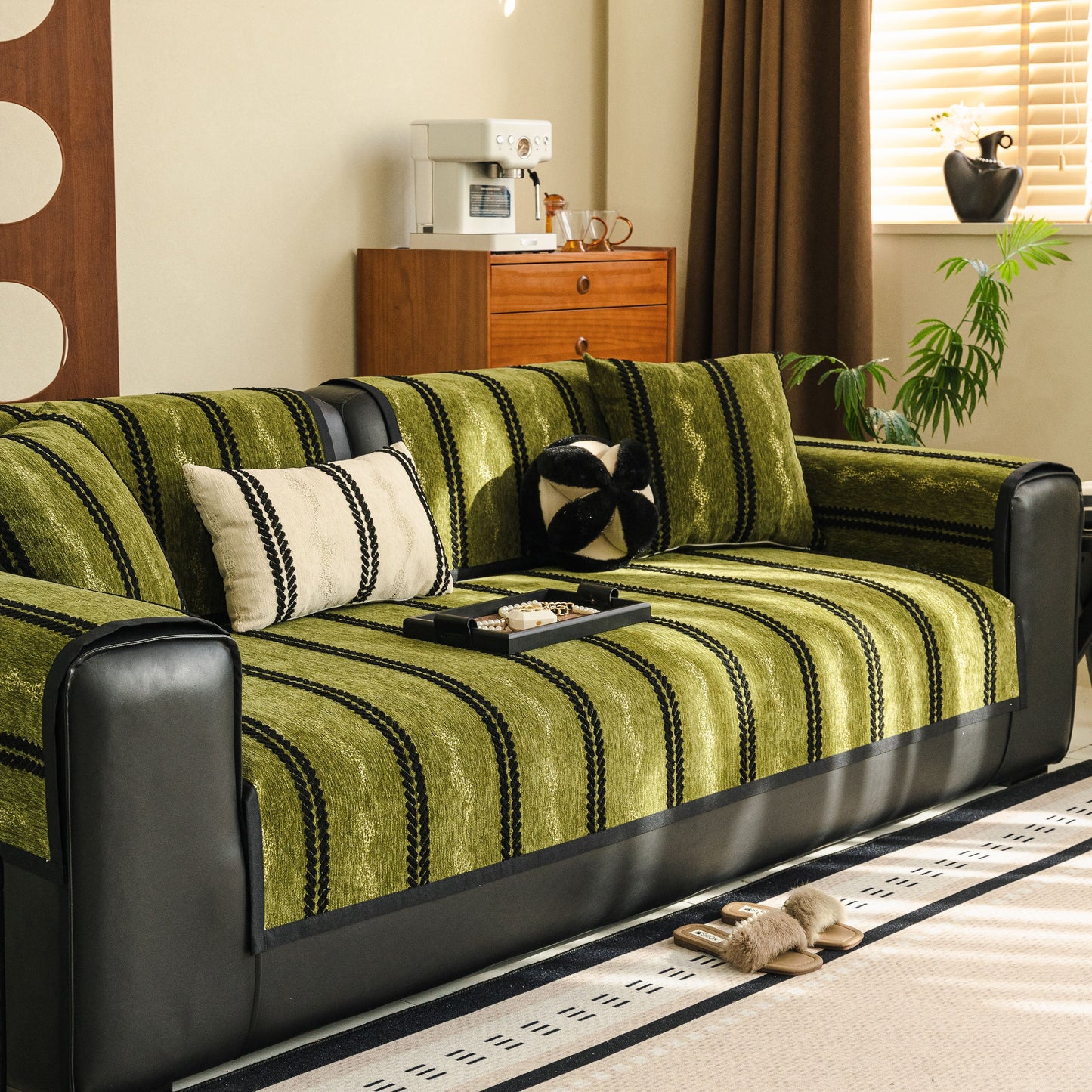 Non-Slip Sofa Cover with Thick Chenille Texture Woven Stripe Couch Protector Throw in modern living room setting.