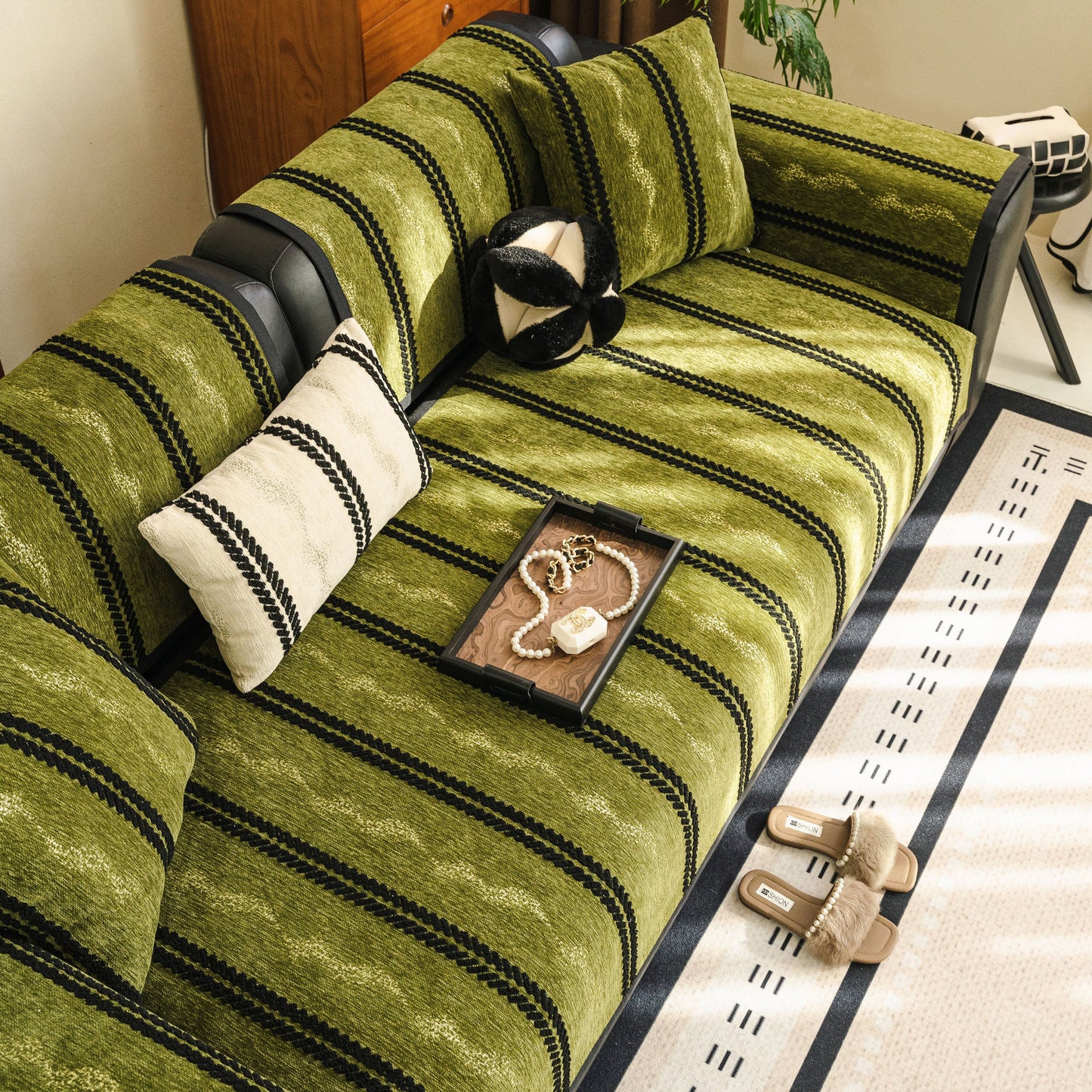 Non-Slip Sofa Cover with Thick Chenille Texture Woven Stripe Couch Protector Throw on green sofa