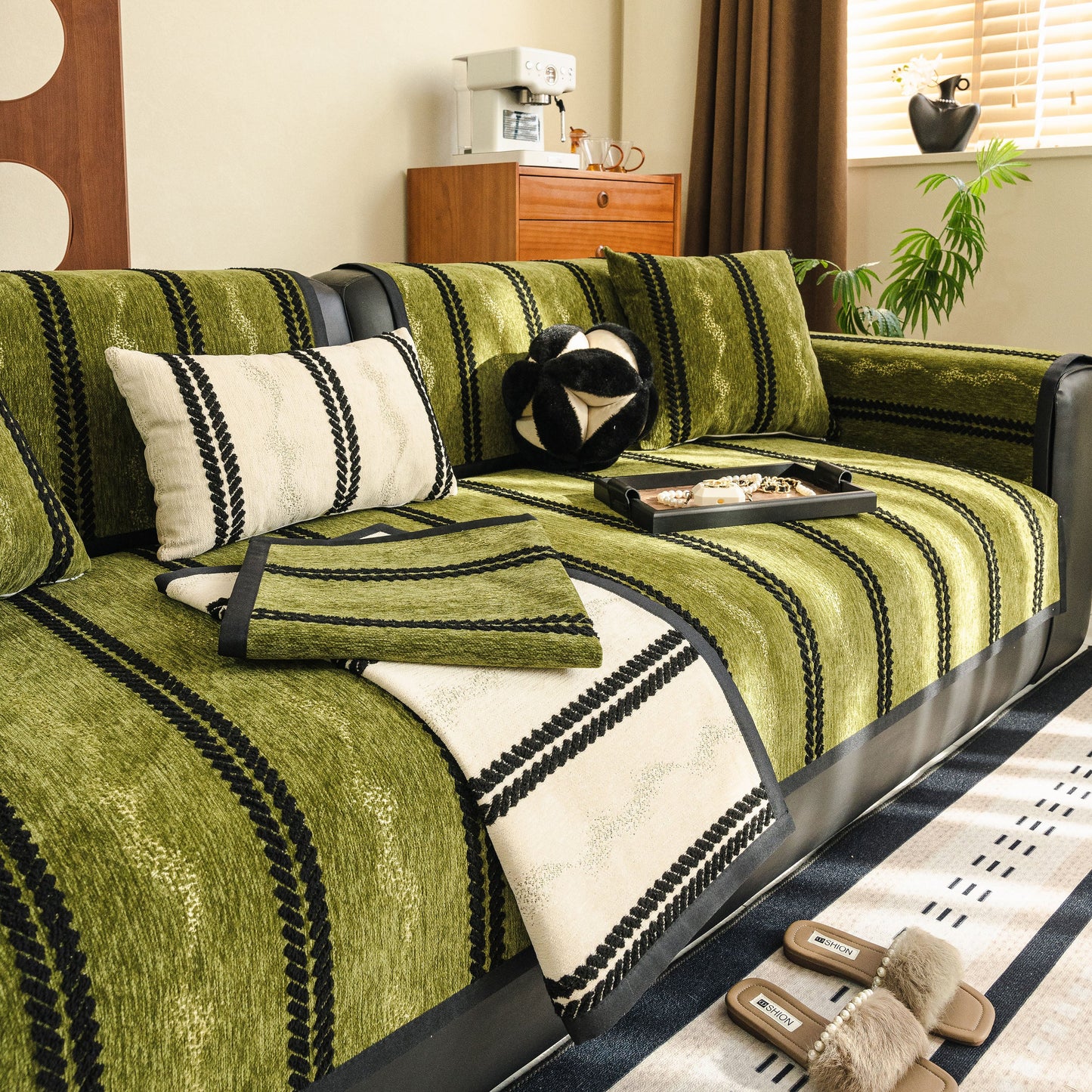 Non-Slip Sofa Cover with Thick Chenille Texture Woven Stripe Couch Protector Throw on green couch with pillows
