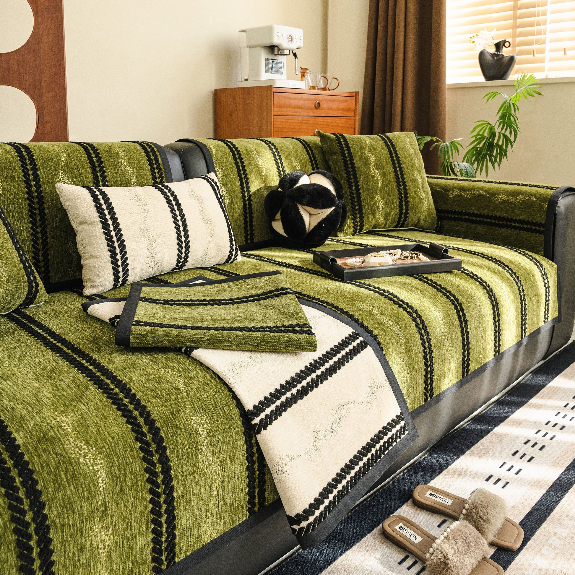 Non-Slip Sofa Cover with Thick Chenille Texture Woven Stripe Couch Protector Throw on green couch with pillows
