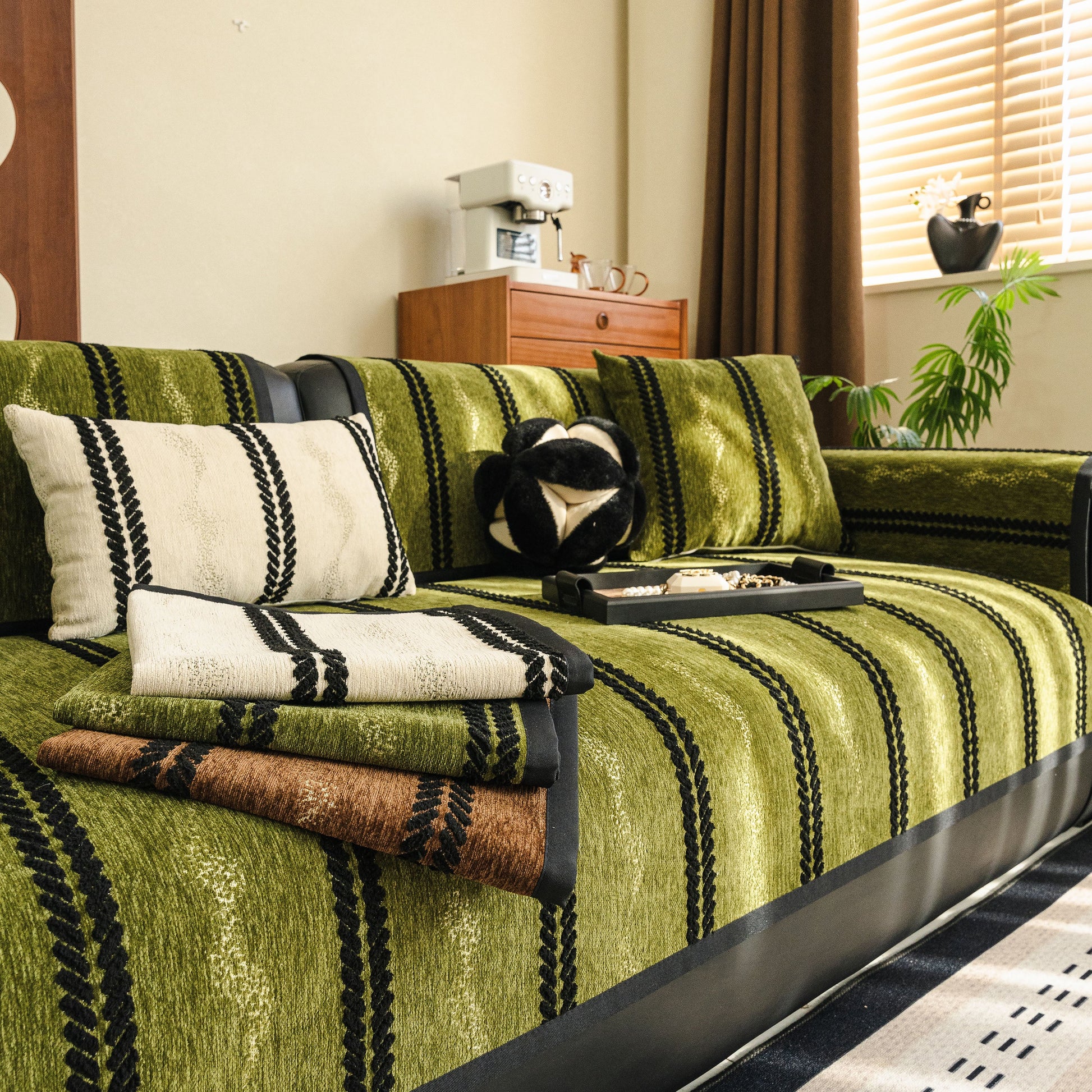 Non-Slip Sofa Cover with Thick Chenille Texture Woven Stripe Couch Protector Throw on green sofa