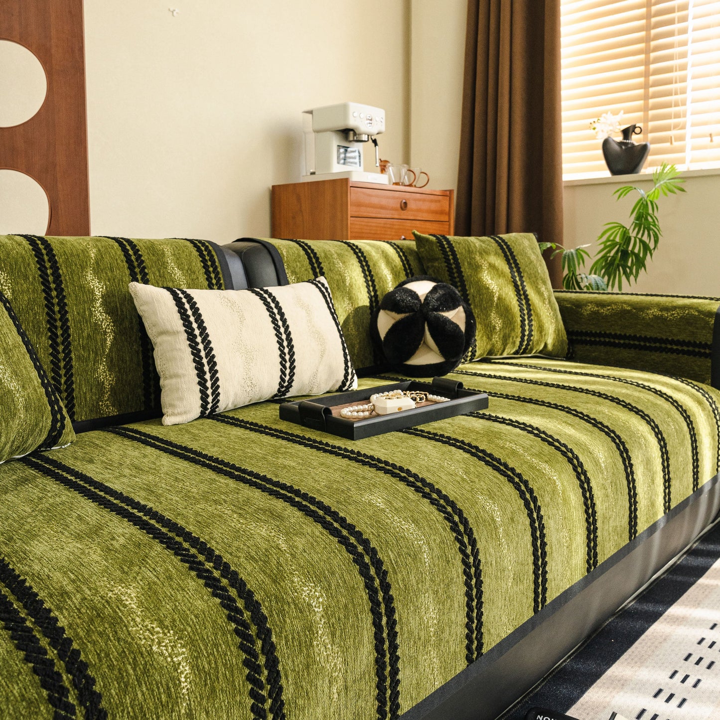 Non-Slip Sofa Cover with Thick Chenille Texture Woven Stripe Couch Protector Throw on modern green sofa