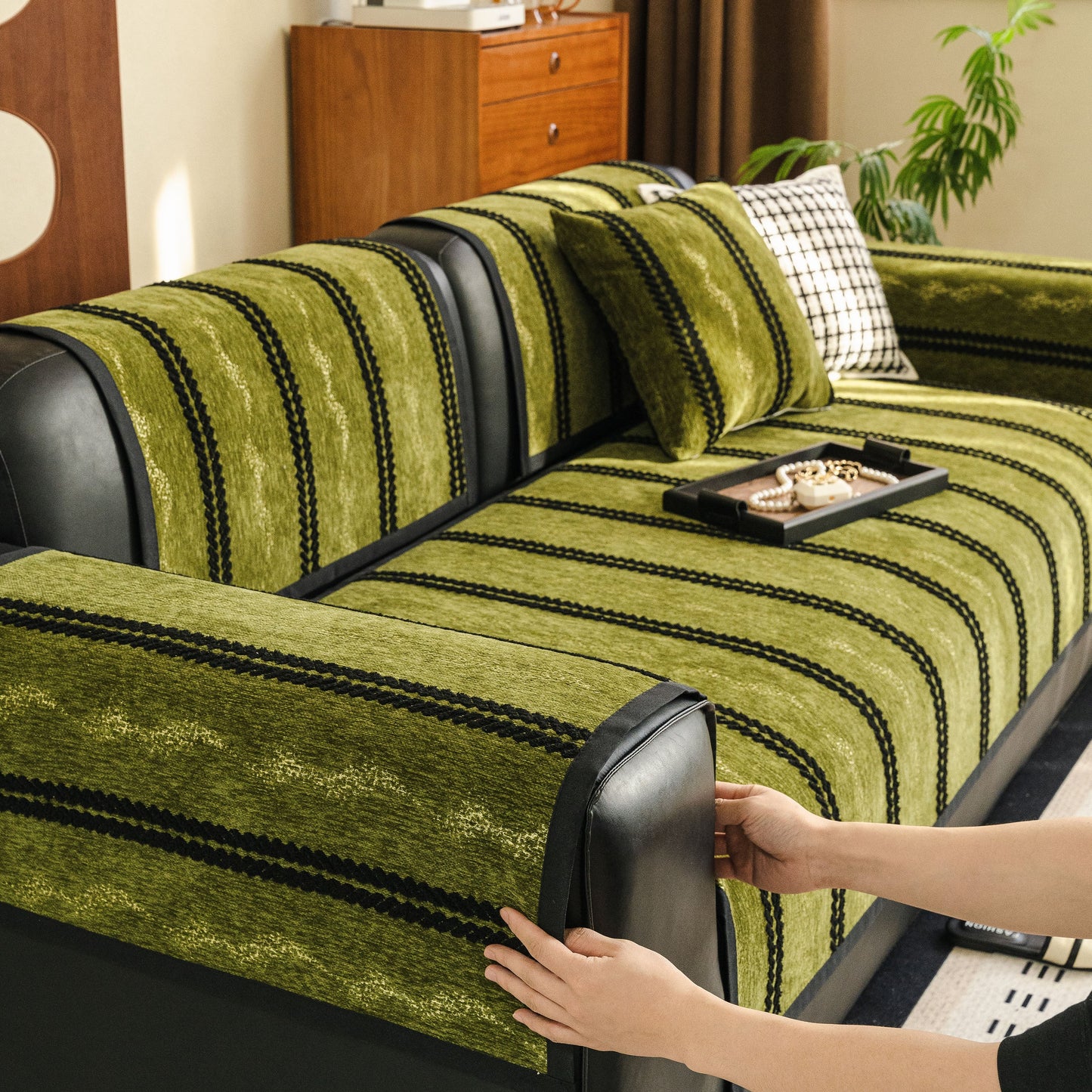 Non-Slip Sofa Cover with Thick Chenille Texture Woven Stripe Couch Protector Throw on black leather sofa