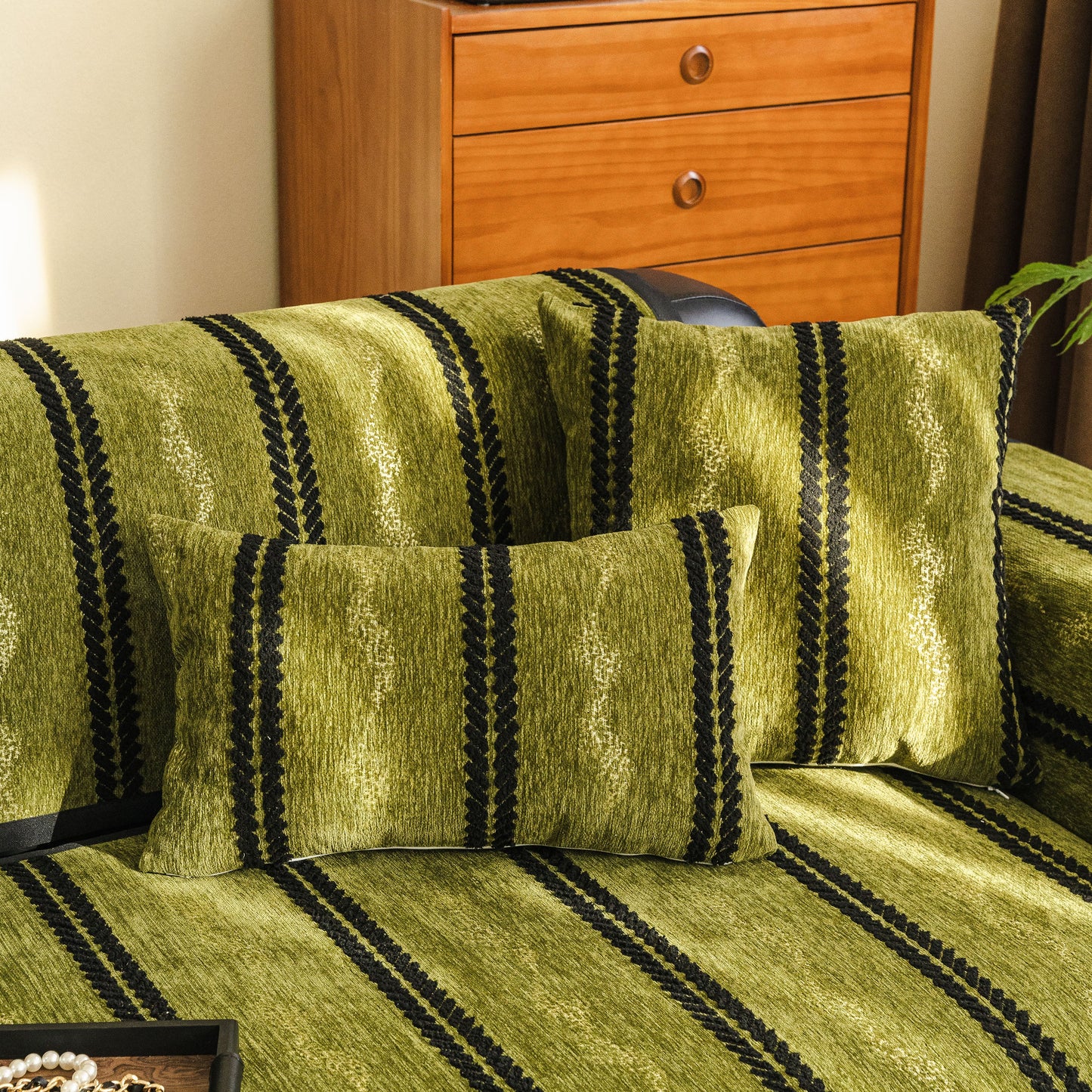 Non-Slip Sofa Cover with Thick Chenille Texture Woven Stripe Couch Protector Throw in green with pillows, showcasing stripe design.