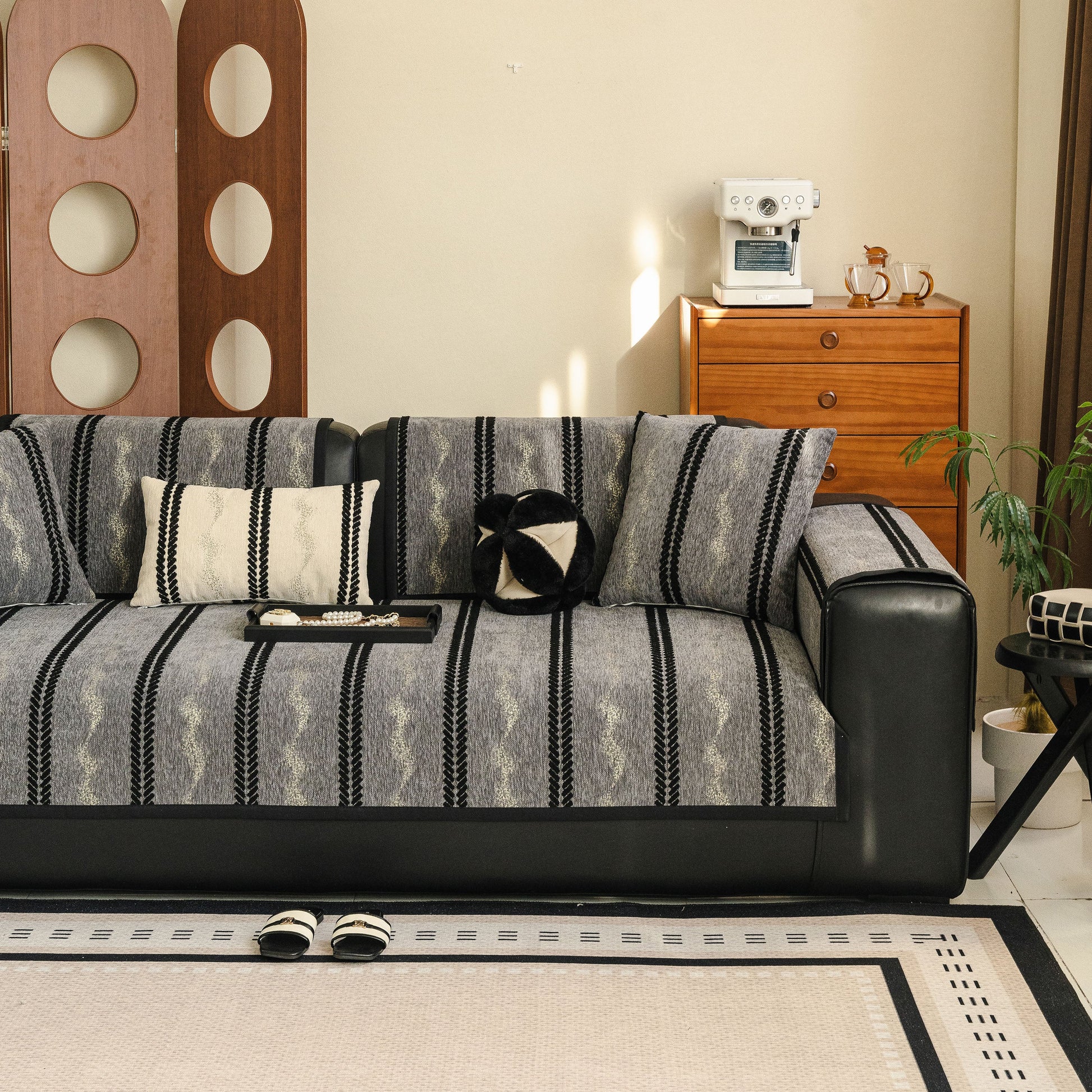 Non-Slip Sofa Cover with Thick Chenille Texture Woven Stripe Couch Protector Throw on black sofa