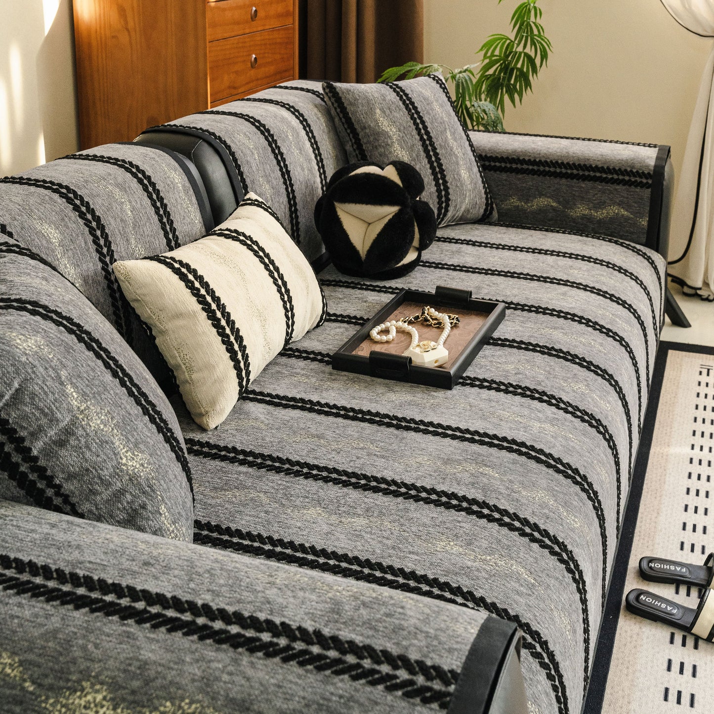 Non-Slip Sofa Cover with Thick Chenille Texture Woven Stripe Couch Protector Throw on modern sofa
