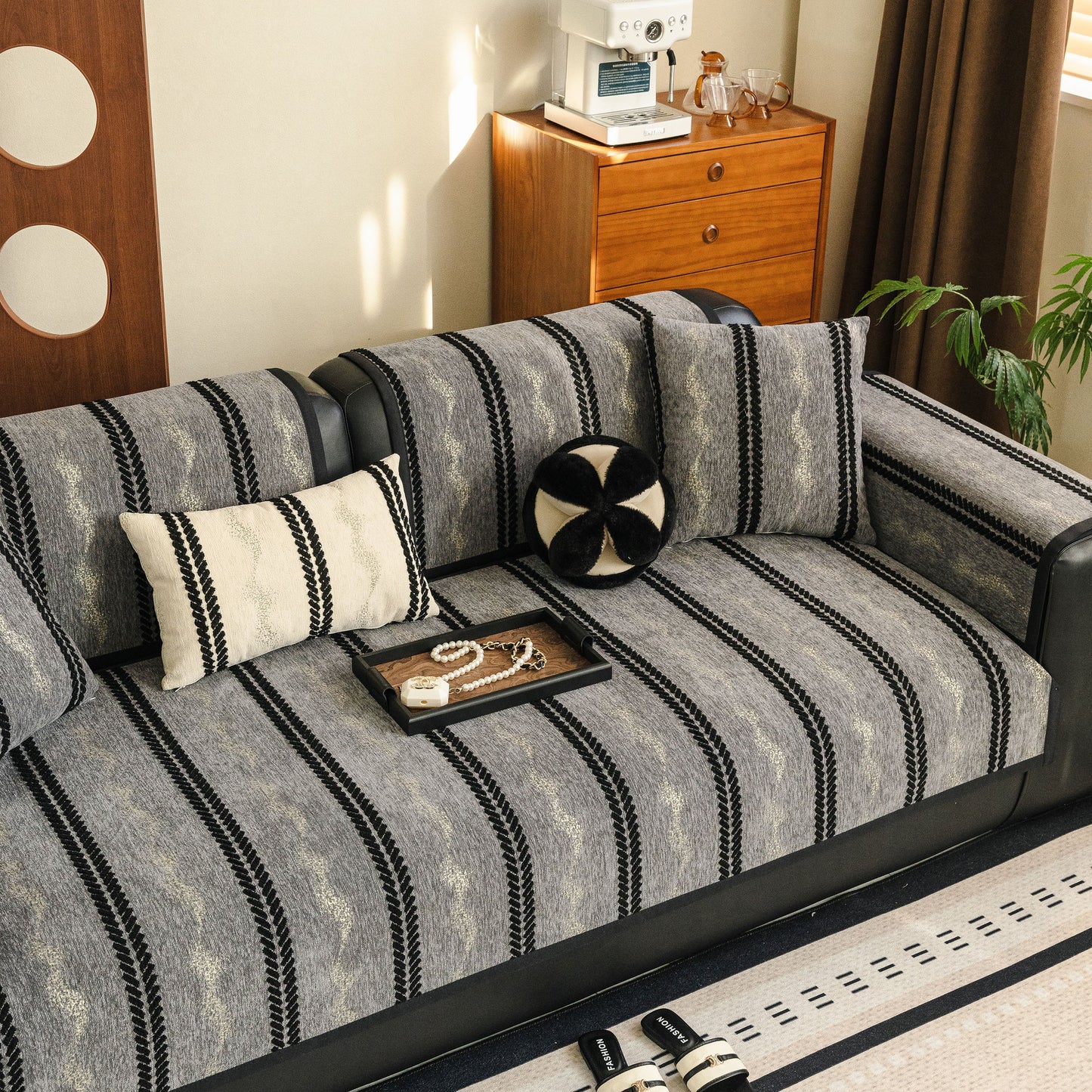 Non-Slip Sofa Cover with Thick Chenille Texture Woven Stripe Couch Protector Throw on modern living room furniture