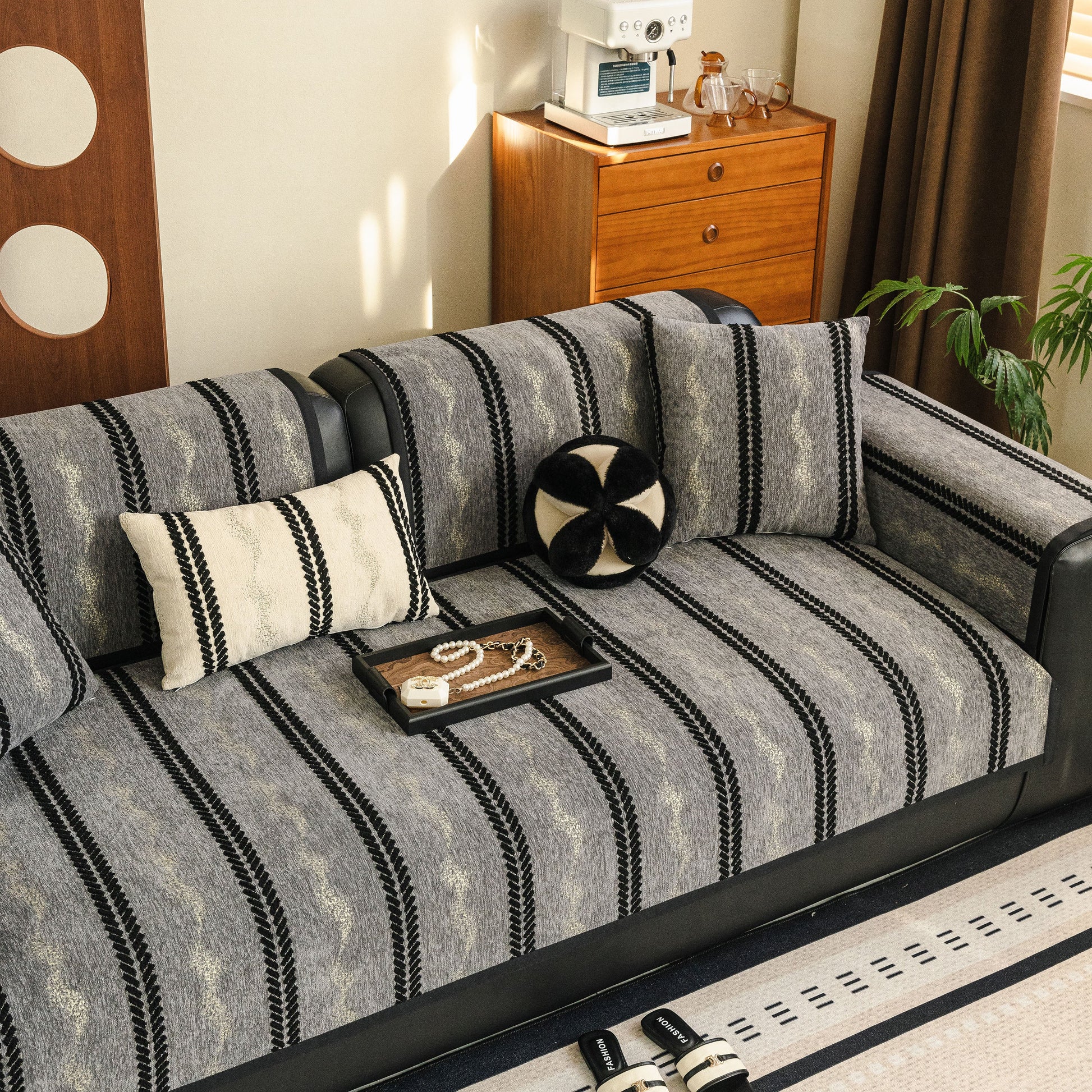Non-Slip Sofa Cover with Thick Chenille Texture Woven Stripe Couch Protector Throw on modern living room furniture