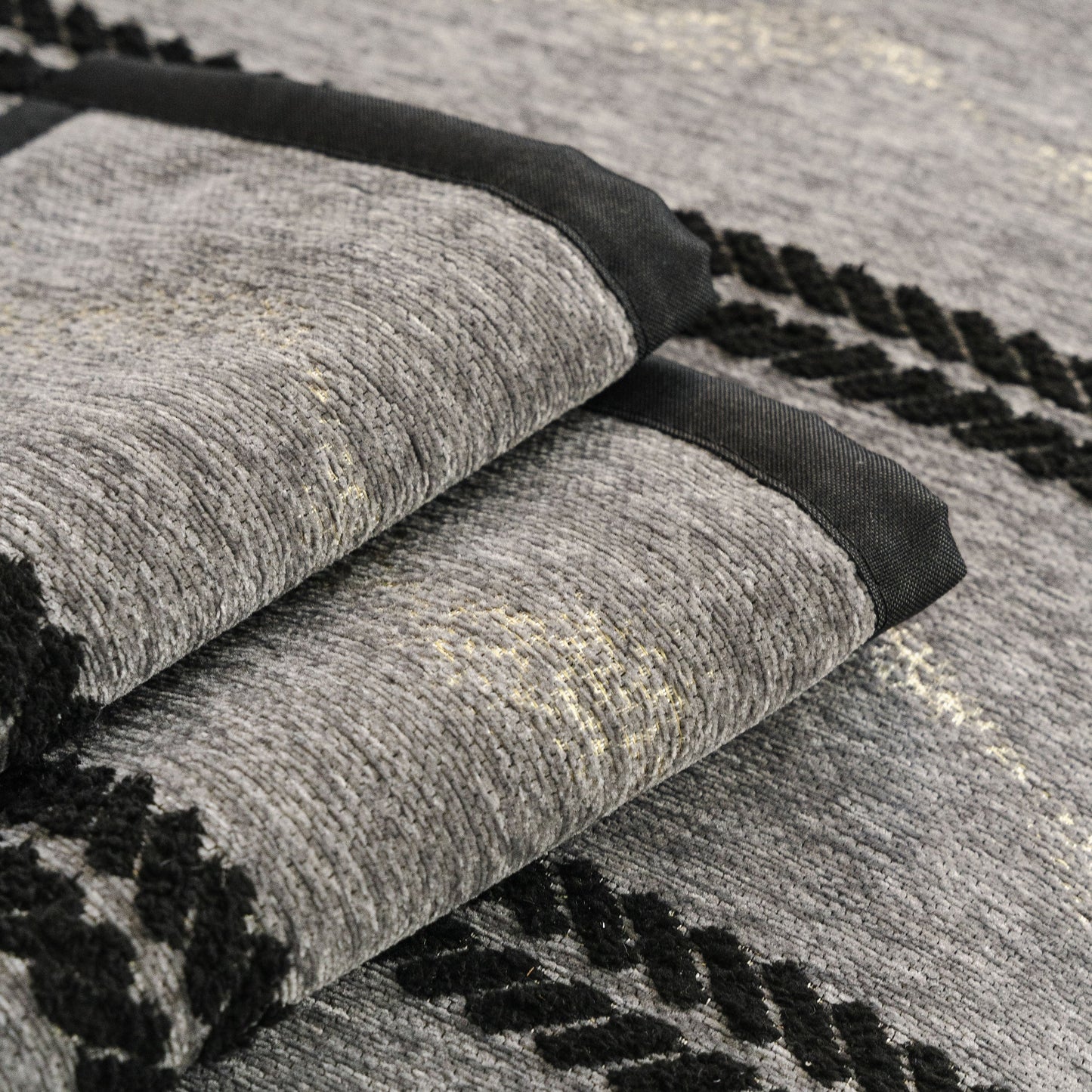 Non-Slip Sofa Cover with Thick Chenille Texture Woven Stripe Couch Protector Throw in grey with black 3D woven trim detail