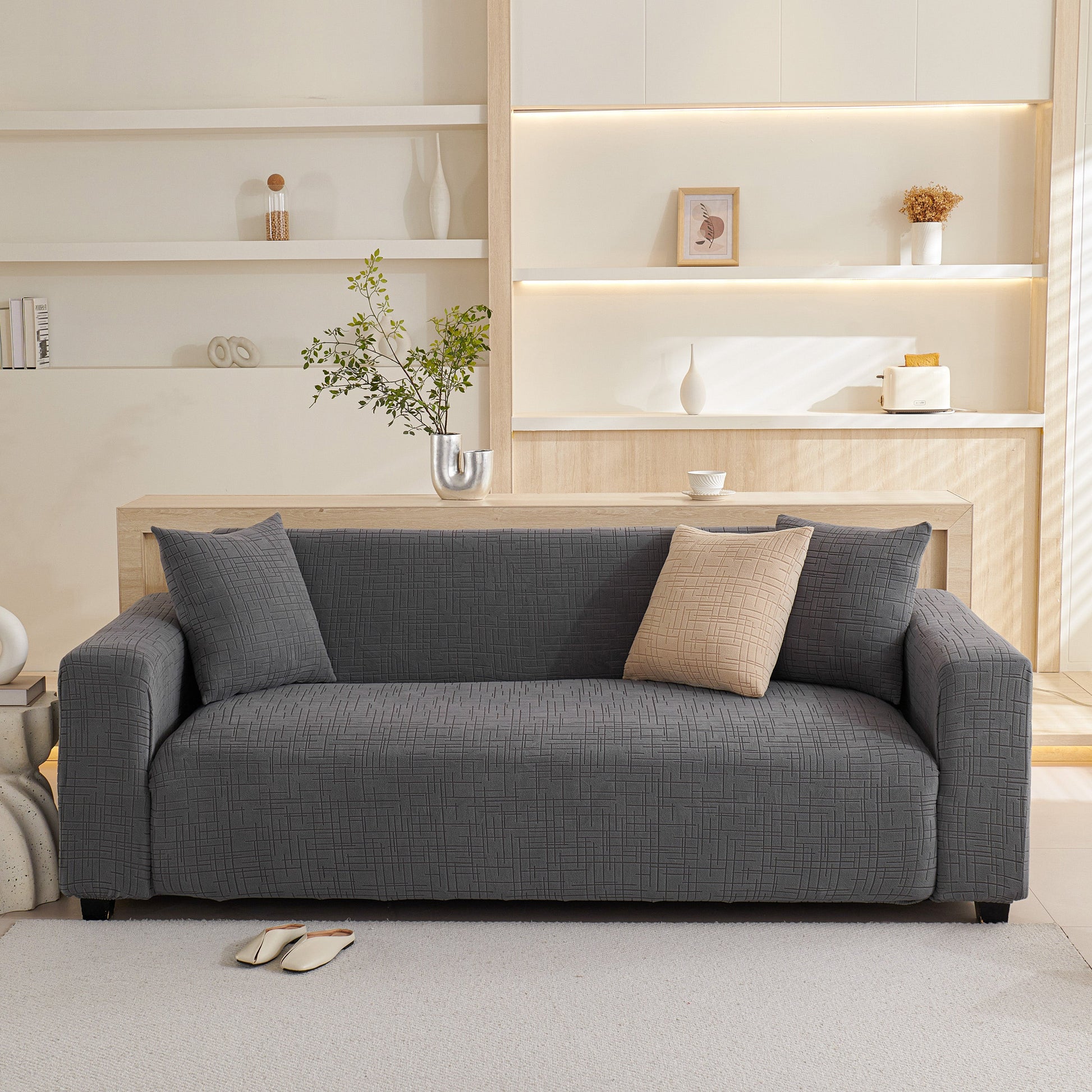 Embossed Lines Couch Covers Stretchable Non-Slip & Washable Sofa Slipcovers in modern living room.