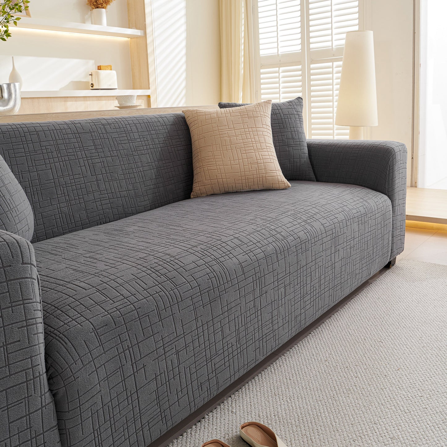 Embossed Lines Couch Covers Stretchable Non-Slip & Washable Sofa Slipcovers in modern living room setting