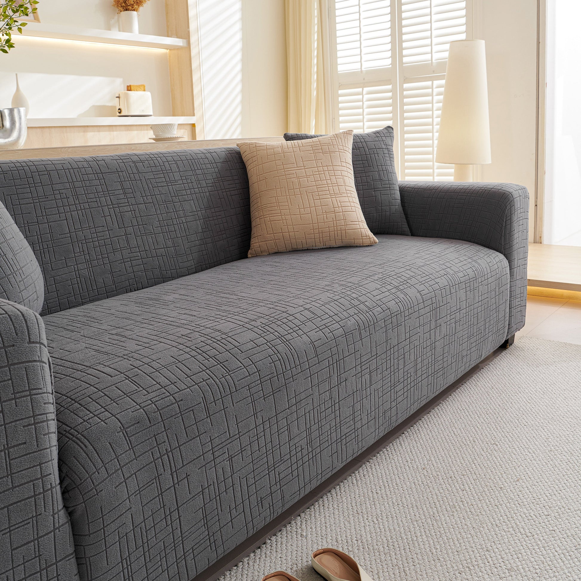 Embossed Lines Couch Covers Stretchable Non-Slip & Washable Sofa Slipcovers in modern living room setting