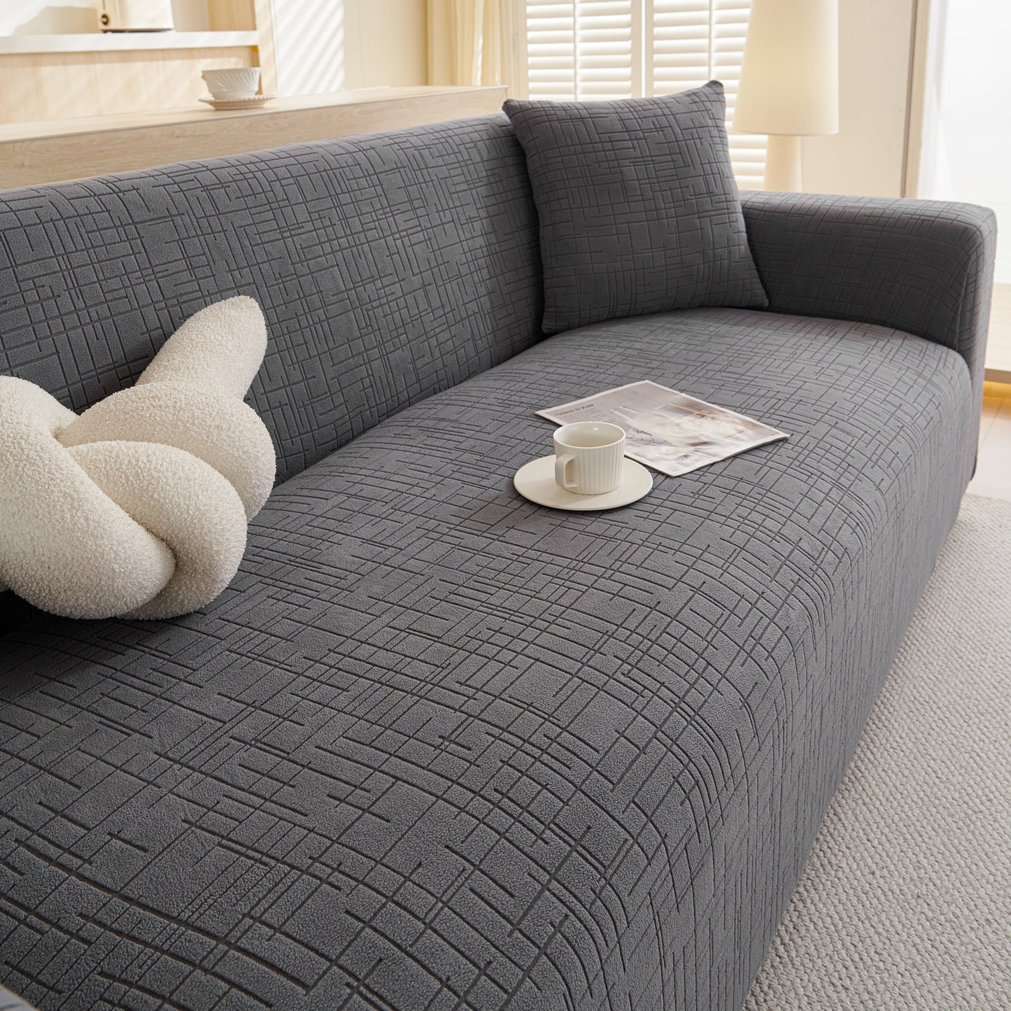 Embossed Lines Couch Covers Stretchable Non-Slip & Washable Sofa Slipcovers in gray showcasing textured design.