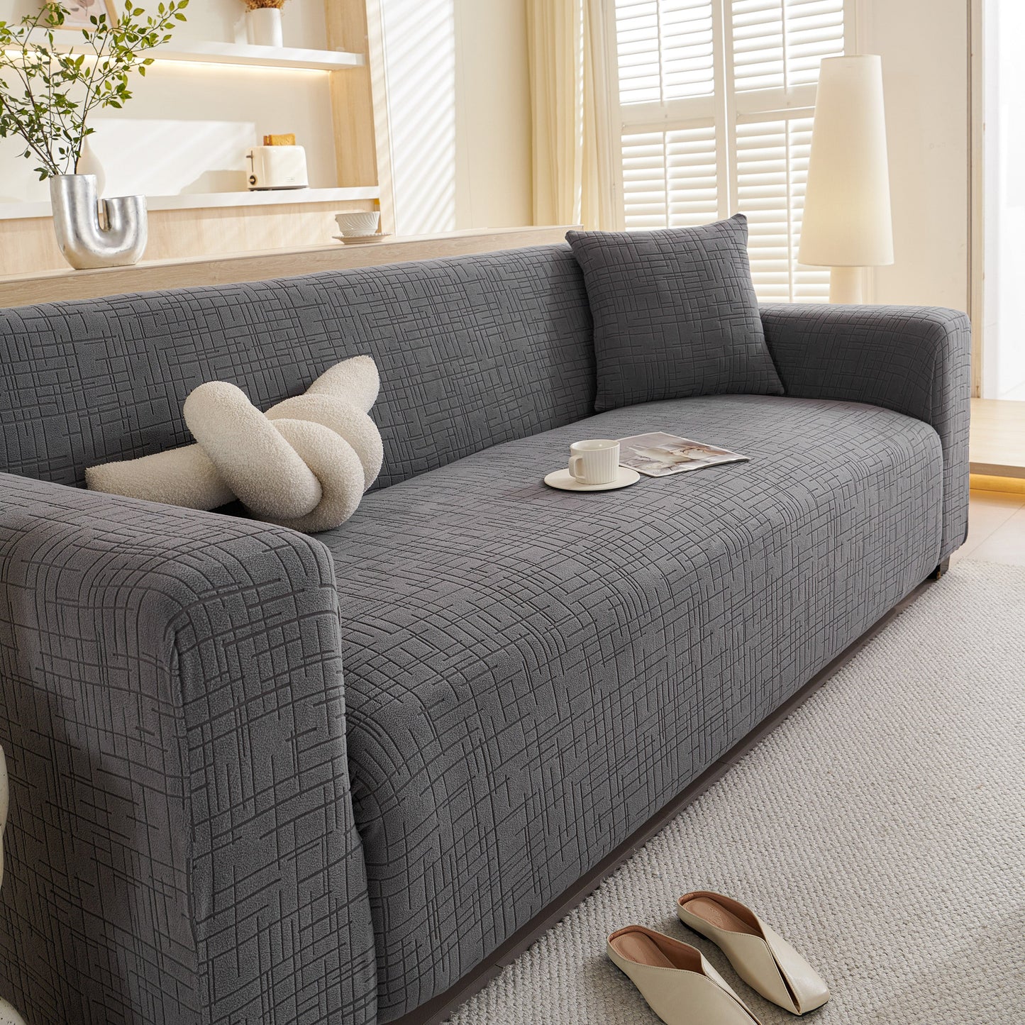 Embossed Lines Couch Covers Stretchable Non-Slip & Washable Sofa Slipcovers in living room setting