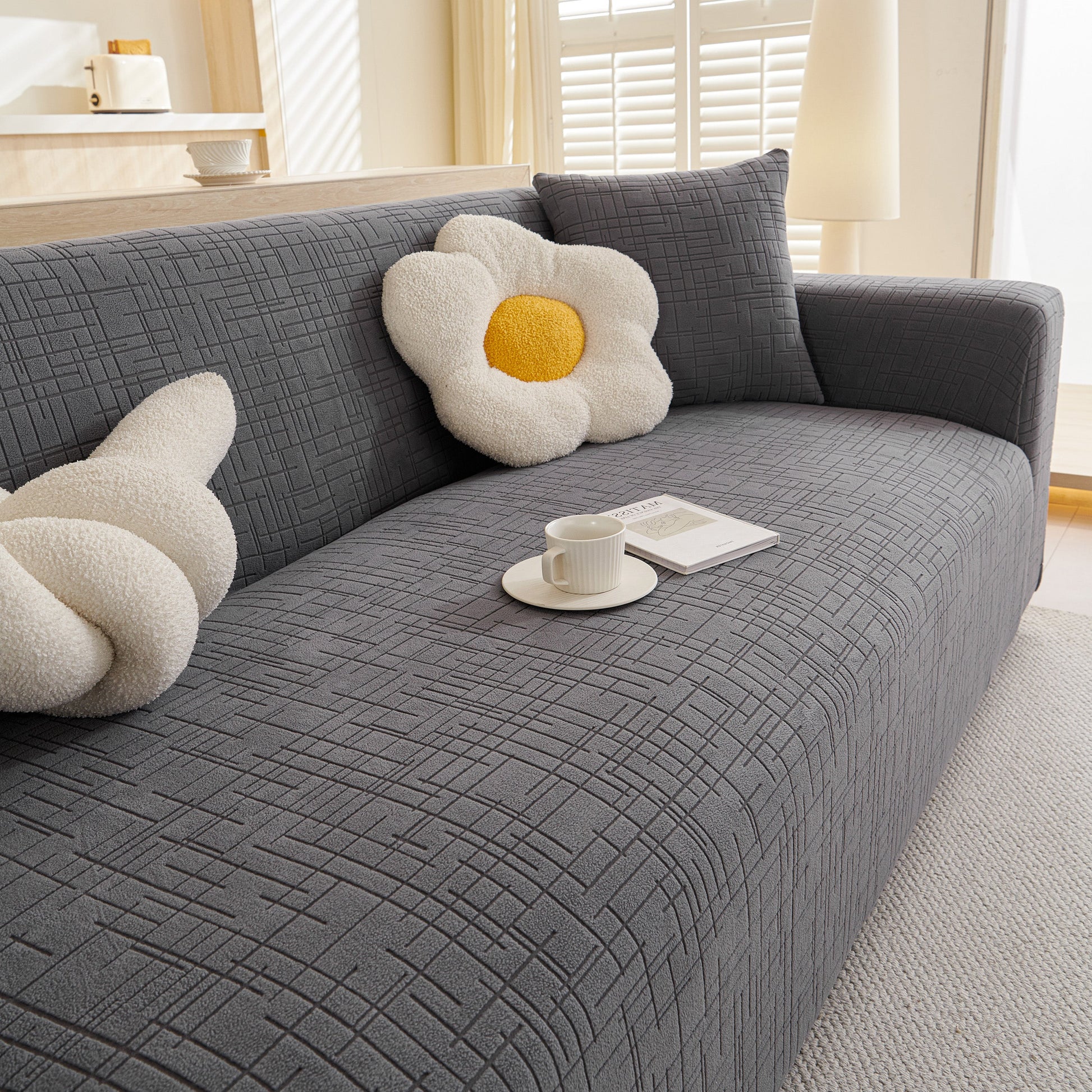 Embossed Lines Couch Covers Stretchable Non-Slip & Washable Sofa Slipcovers in gray fabric with decorative pillows