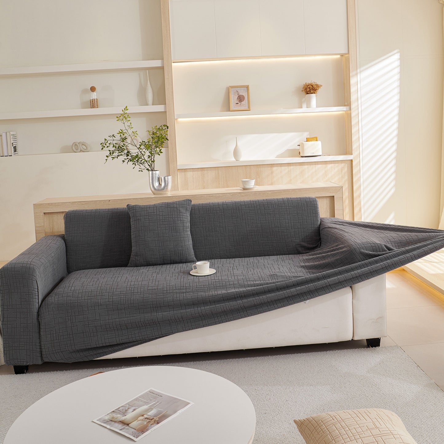 Embossed Lines Couch Covers Stretchable Non-Slip & Washable Sofa Slipcovers in living room setting.