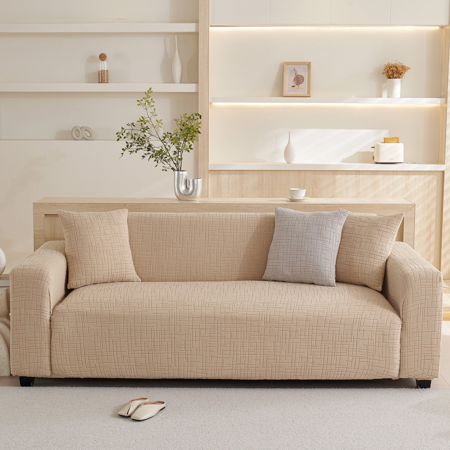 Embossed Lines Couch Covers Stretchable Non-Slip & Washable Sofa Slipcovers in beige on modern couch
