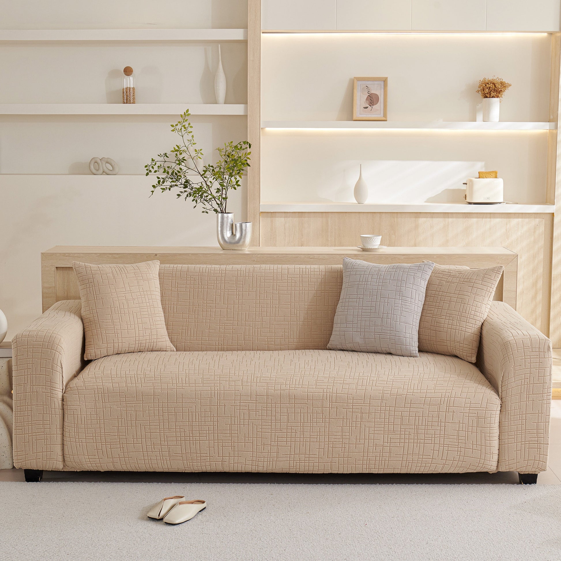 Embossed Lines Couch Covers Stretchable Non-Slip & Washable Sofa Slipcovers in beige on modern couch