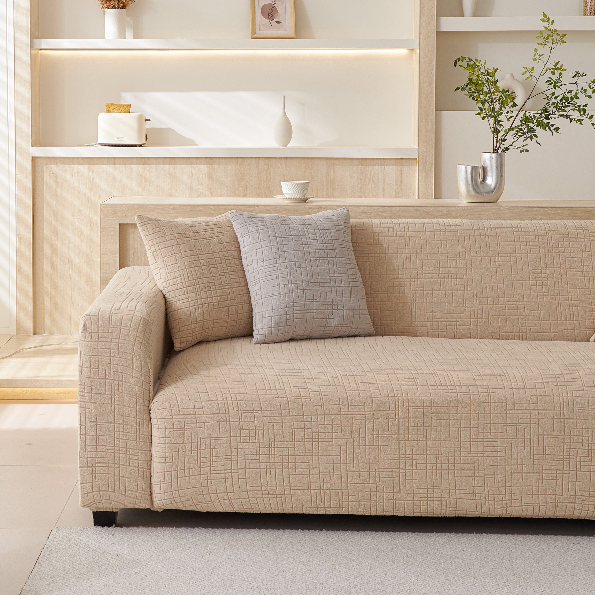 Beige Embossed Lines Couch Covers Stretchable Non-Slip & Washable Sofa Slipcovers on modern sofa