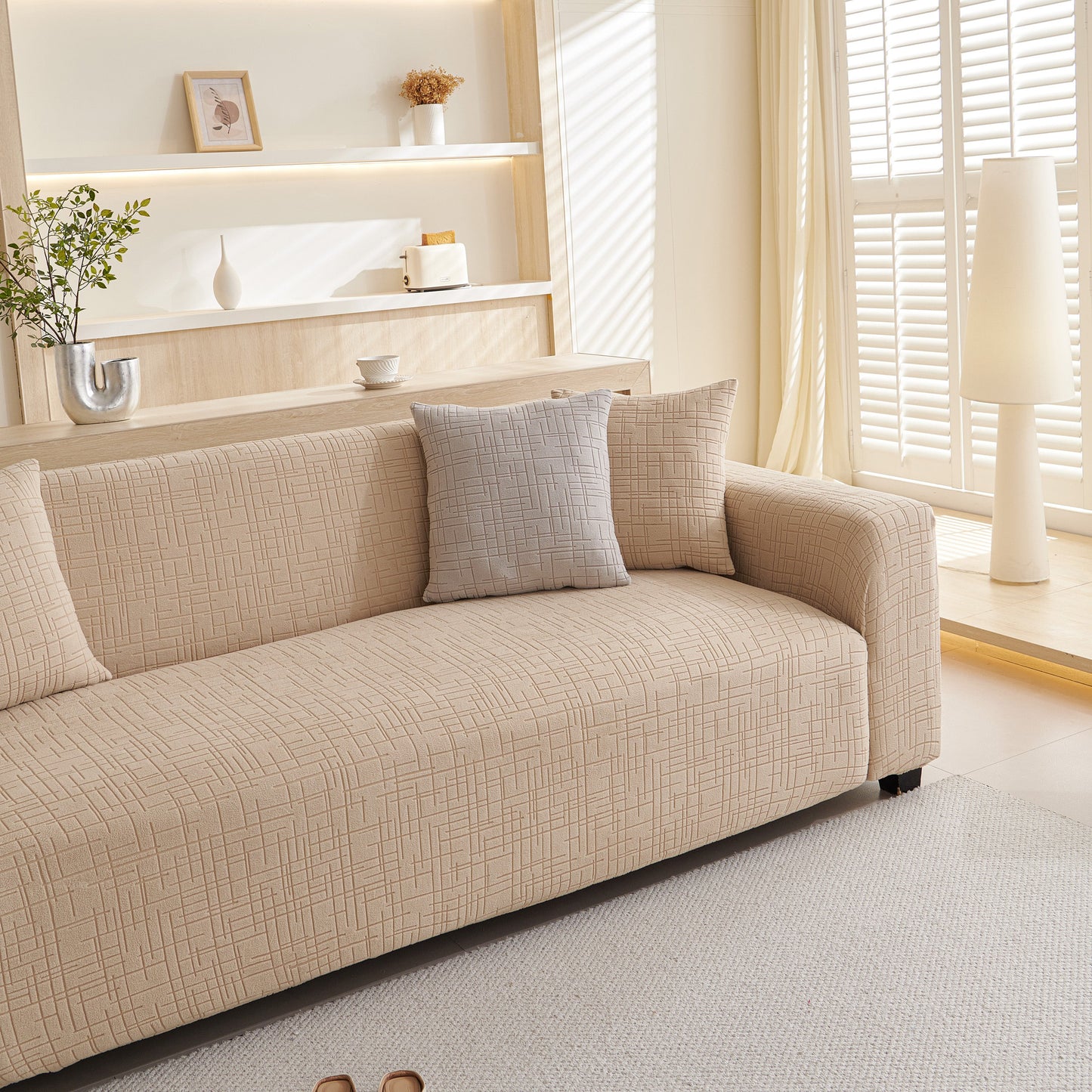 Embossed Lines Couch Covers Stretchable Non-Slip & Washable Sofa Slipcovers on beige sofa in modern living room