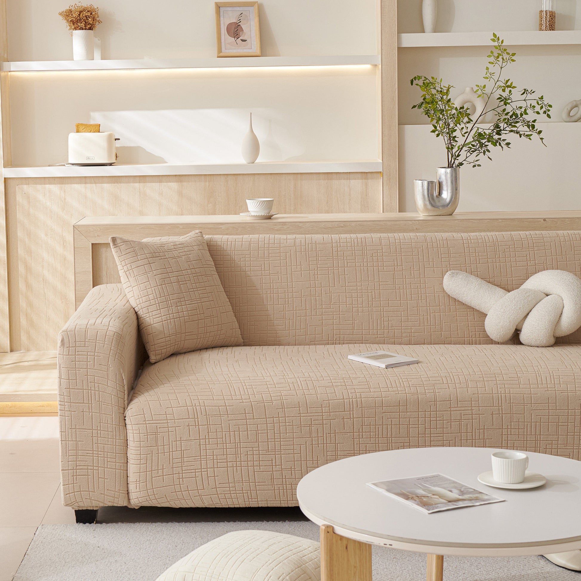 Living room with Embossed Lines Couch Covers Stretchable Non-Slip & Washable Sofa Slipcovers on modern sofa.