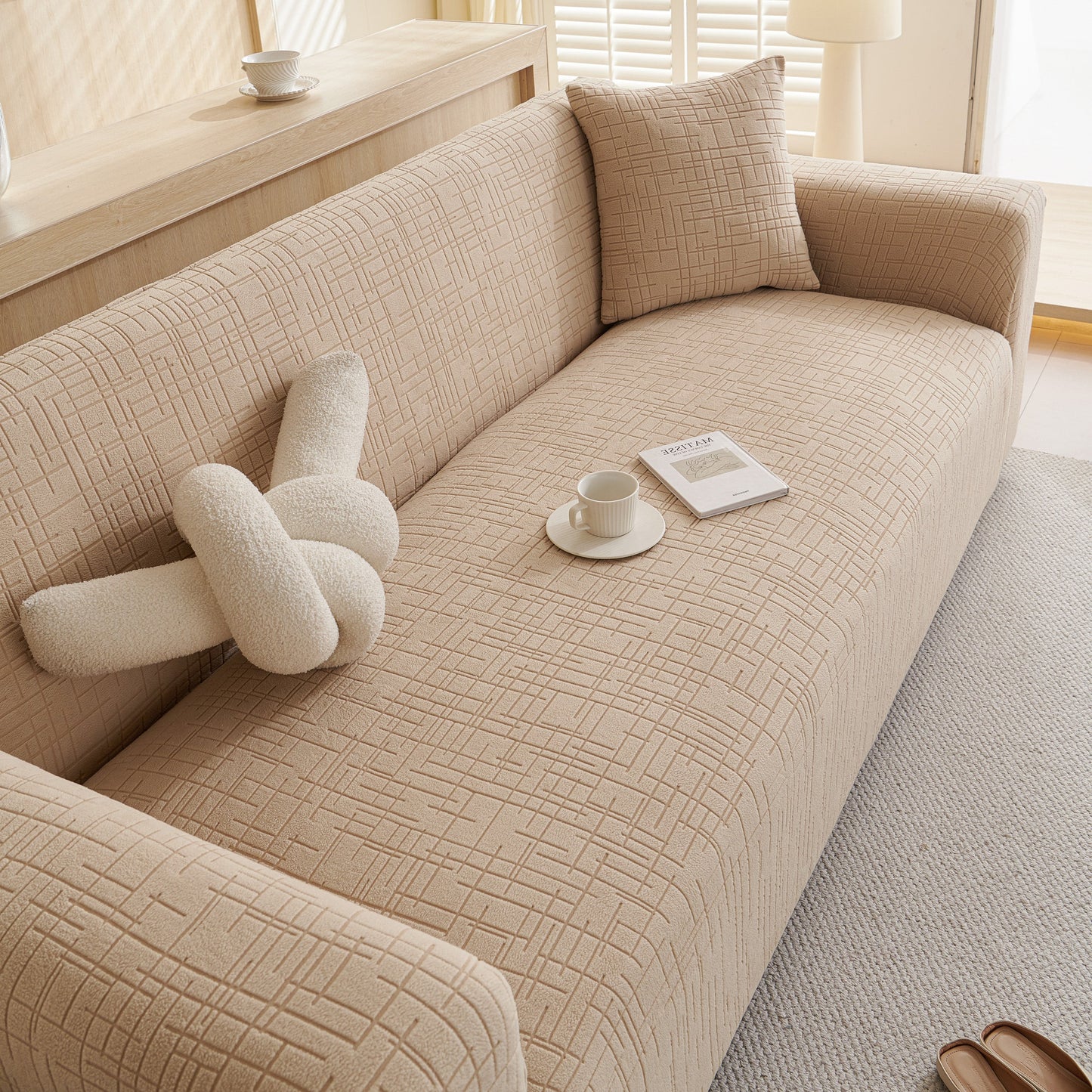 Embossed Lines Couch Covers Stretchable Non-Slip & Washable Sofa Slipcovers on beige couch