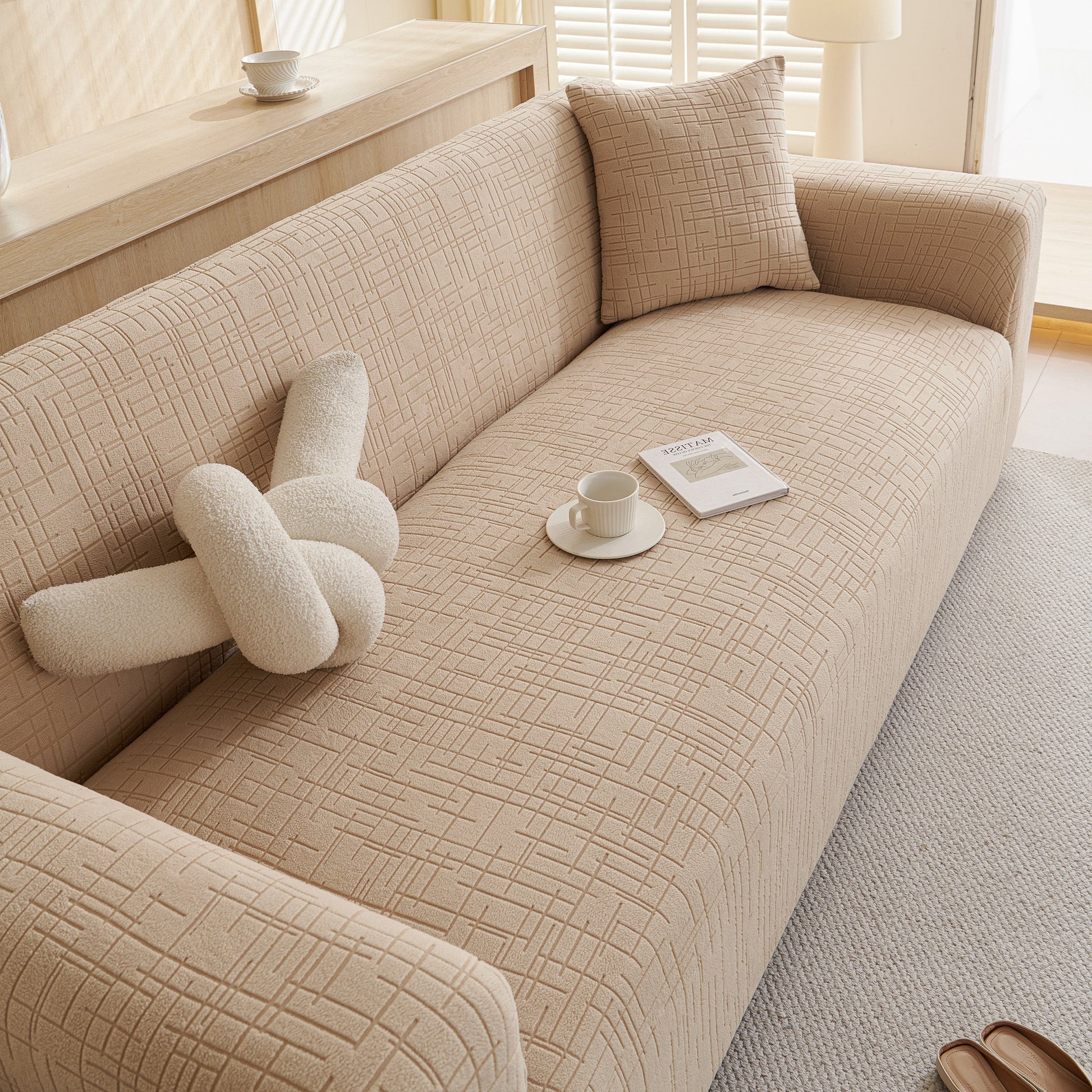 Embossed Lines Couch Covers Stretchable Non-Slip & Washable Sofa Slipcovers on beige couch