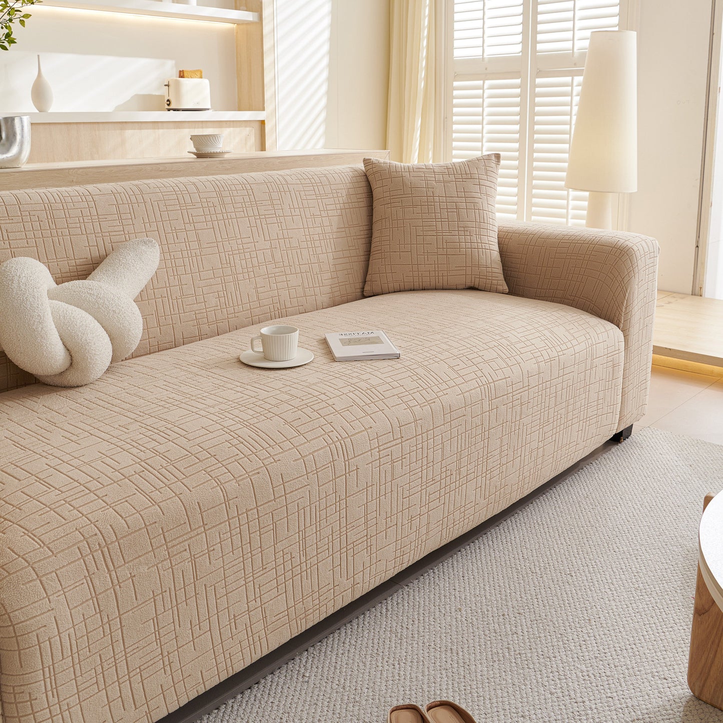 Embossed Lines Couch Covers Stretchable Non-Slip & Washable Sofa Slipcovers in a modern living room setting