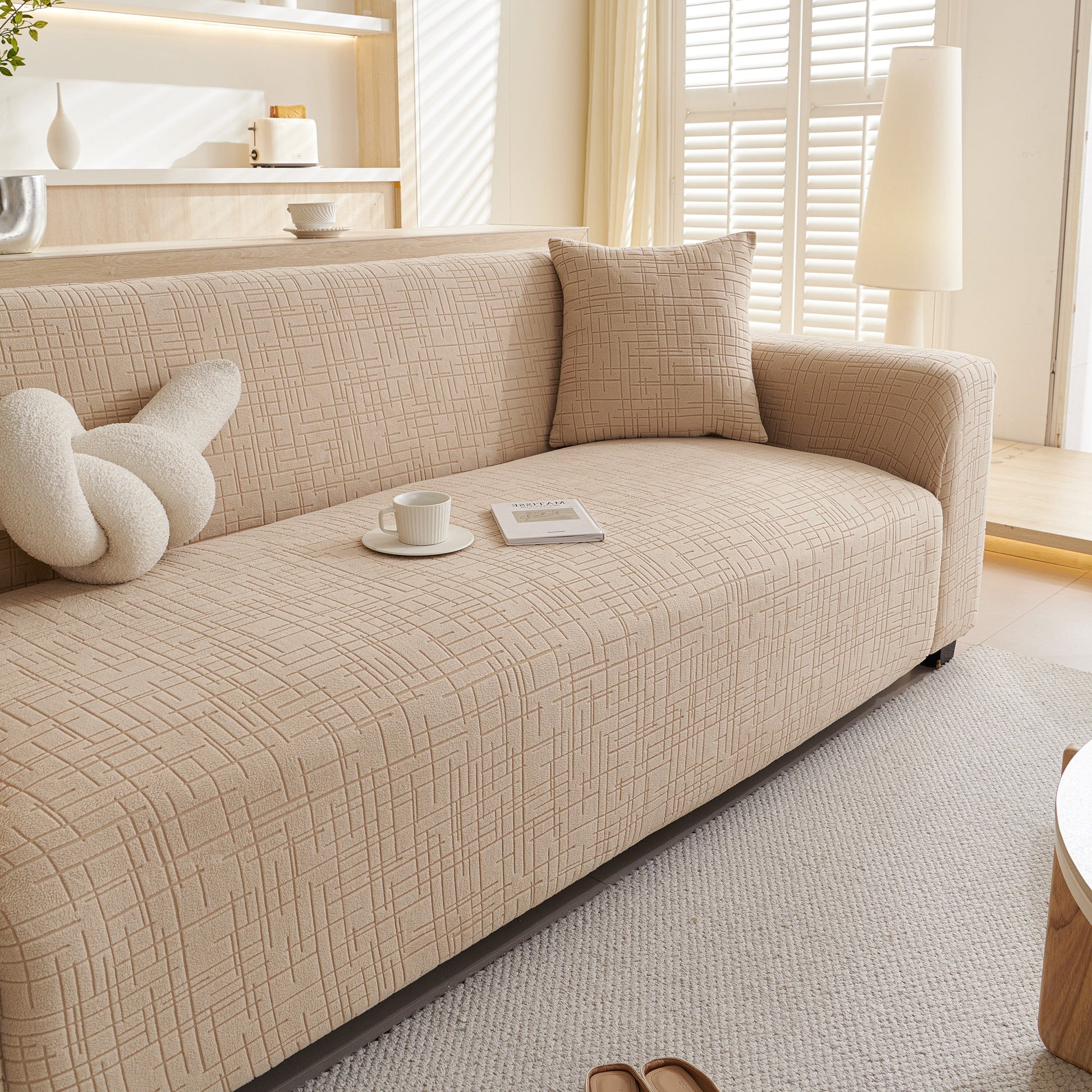 Embossed Lines Couch Covers Stretchable Non-Slip & Washable Sofa Slipcovers in a modern living room setting