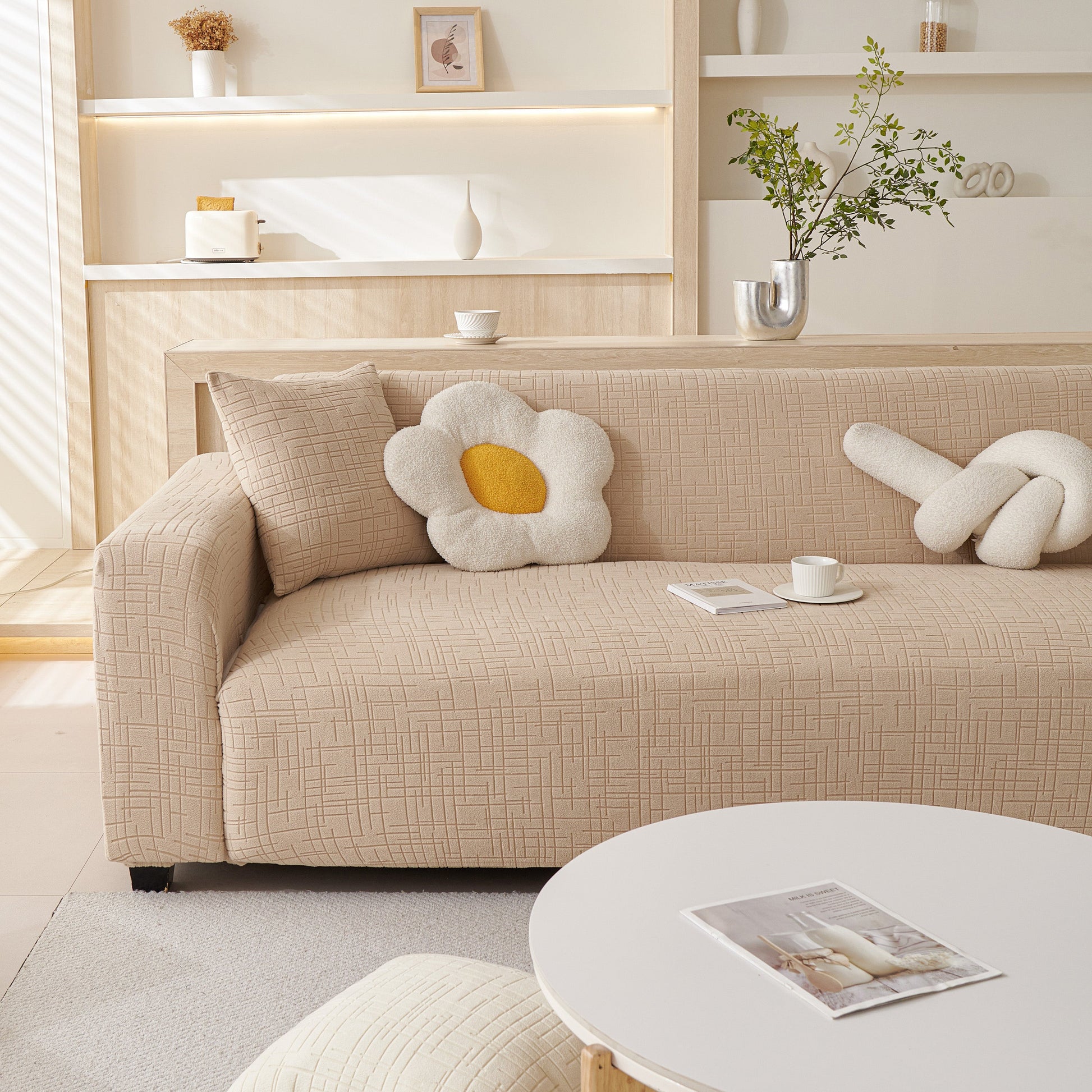 Embossed Lines Couch Covers Stretchable Non-Slip & Washable Sofa Slipcovers provide stylish protection in a modern living room.