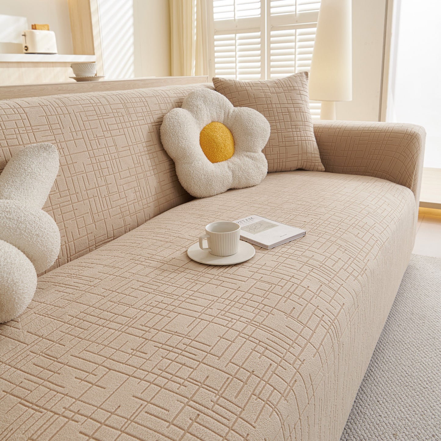 Embossed Lines Couch Covers Stretchable Non-Slip & Washable Sofa Slipcovers with decorative cushions