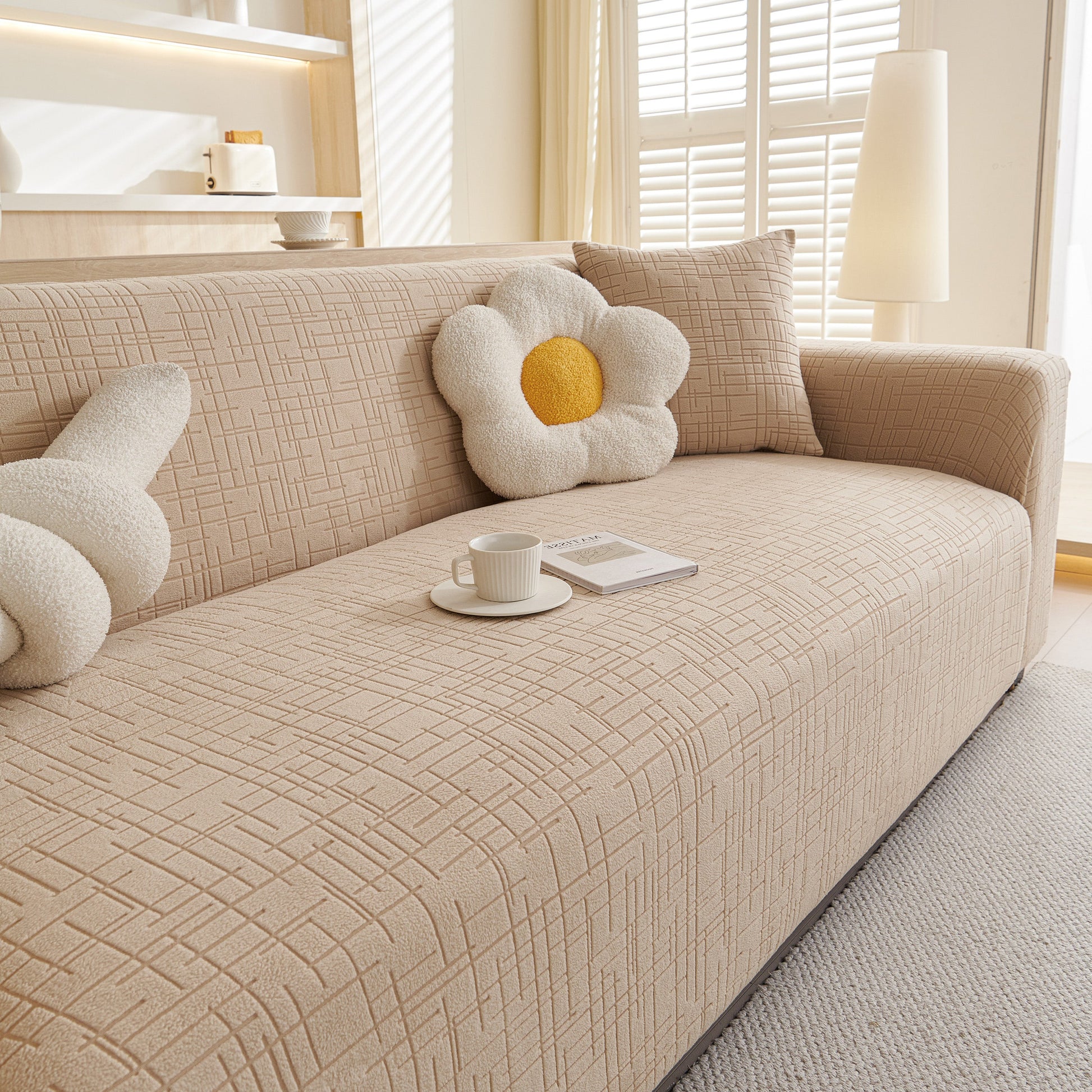 Embossed Lines Couch Covers Stretchable Non-Slip & Washable Sofa Slipcovers with decorative pillows in a cozy living room setting