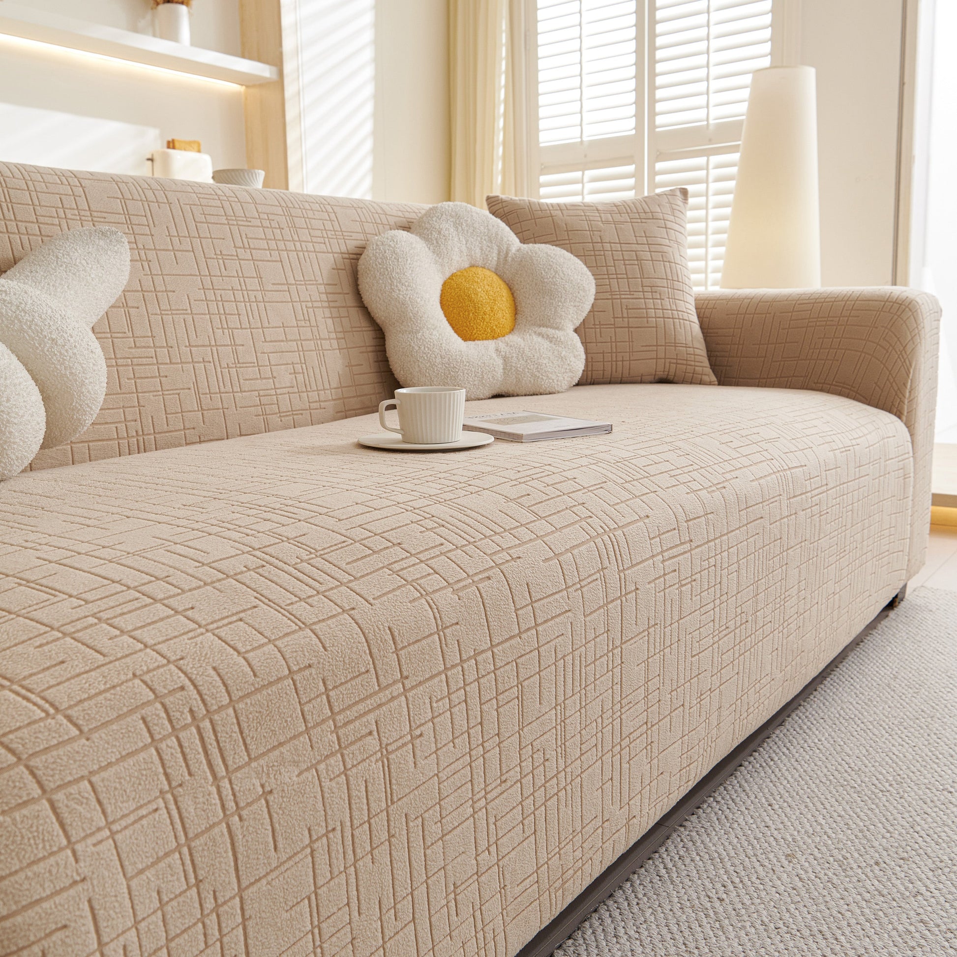 Embossed Lines Couch Covers Stretchable Non-Slip & Washable Sofa Slipcovers on beige sofa