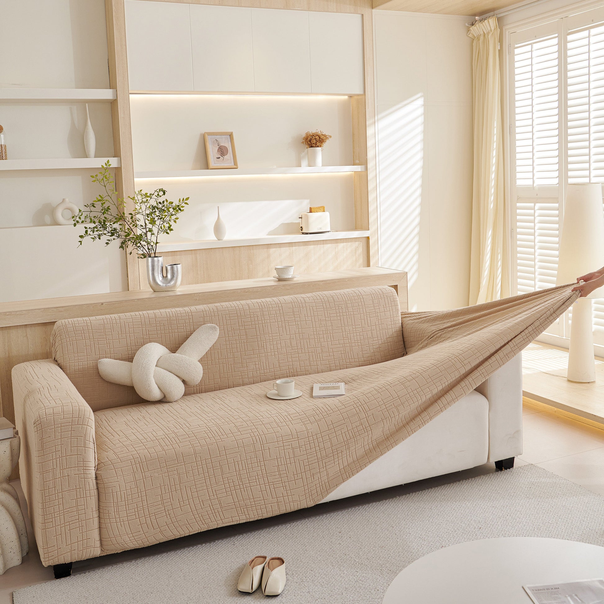 Embossed Lines Couch Covers Stretchable Non-Slip & Washable Sofa Slipcovers in a modern living room setting