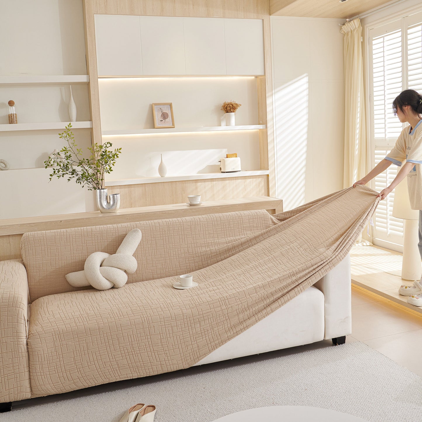 Woman fitting Embossed Lines Couch Covers Stretchable Non-Slip & Washable Sofa Slipcovers in a modern living room.