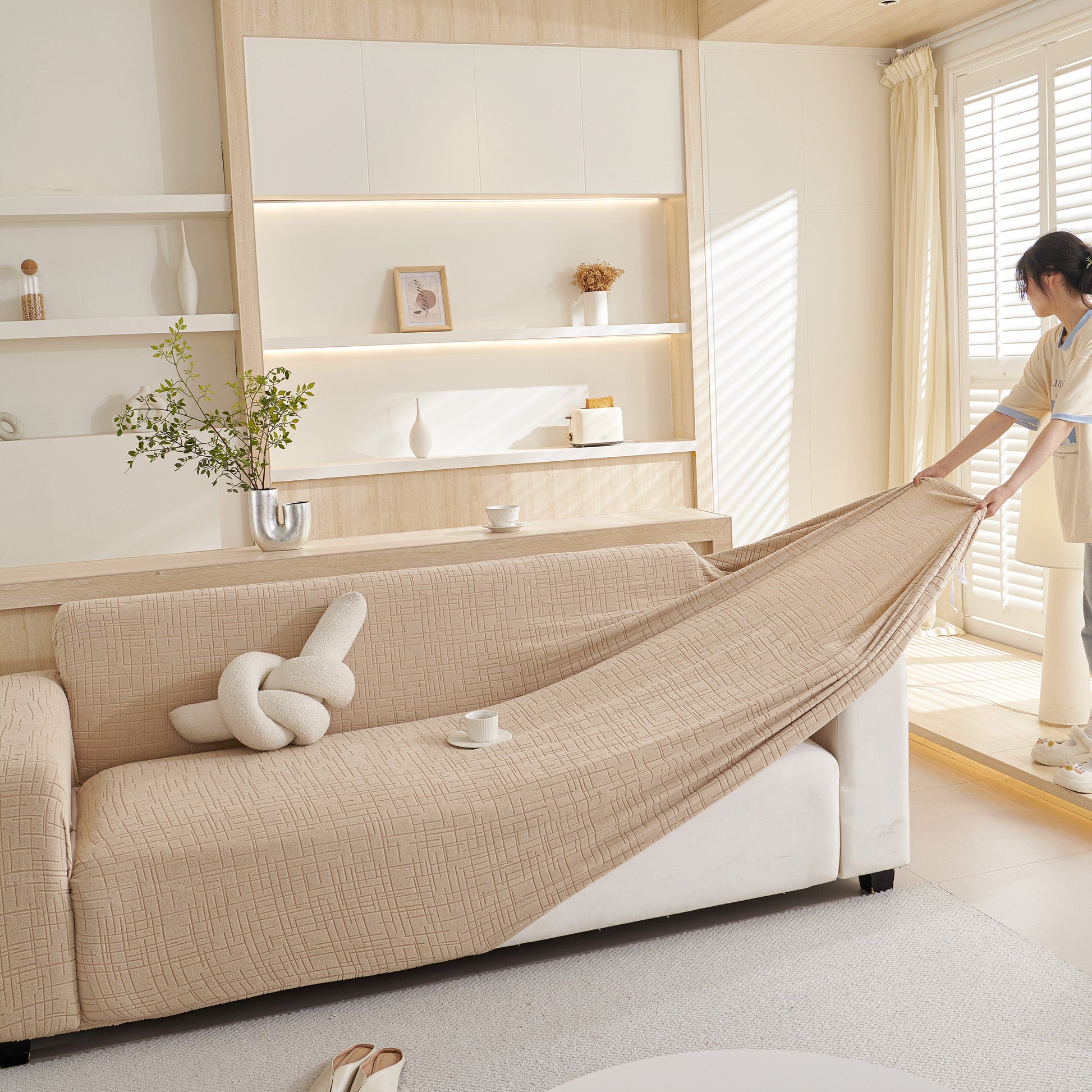 Woman fitting Embossed Lines Couch Covers Stretchable Non-Slip & Washable Sofa Slipcovers in a modern living room.