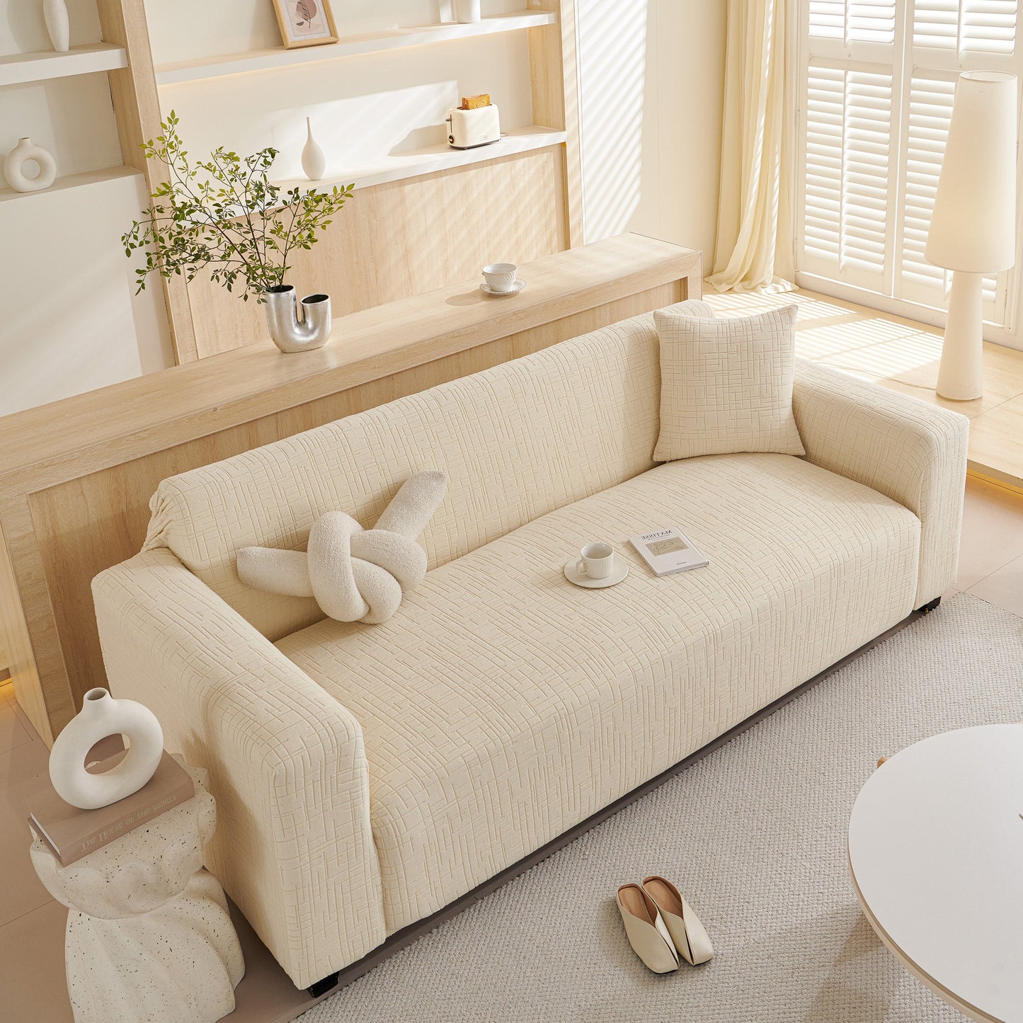 Embossed Lines Couch Covers Stretchable Non-Slip & Washable Sofa Slipcovers in a cozy living room setting.