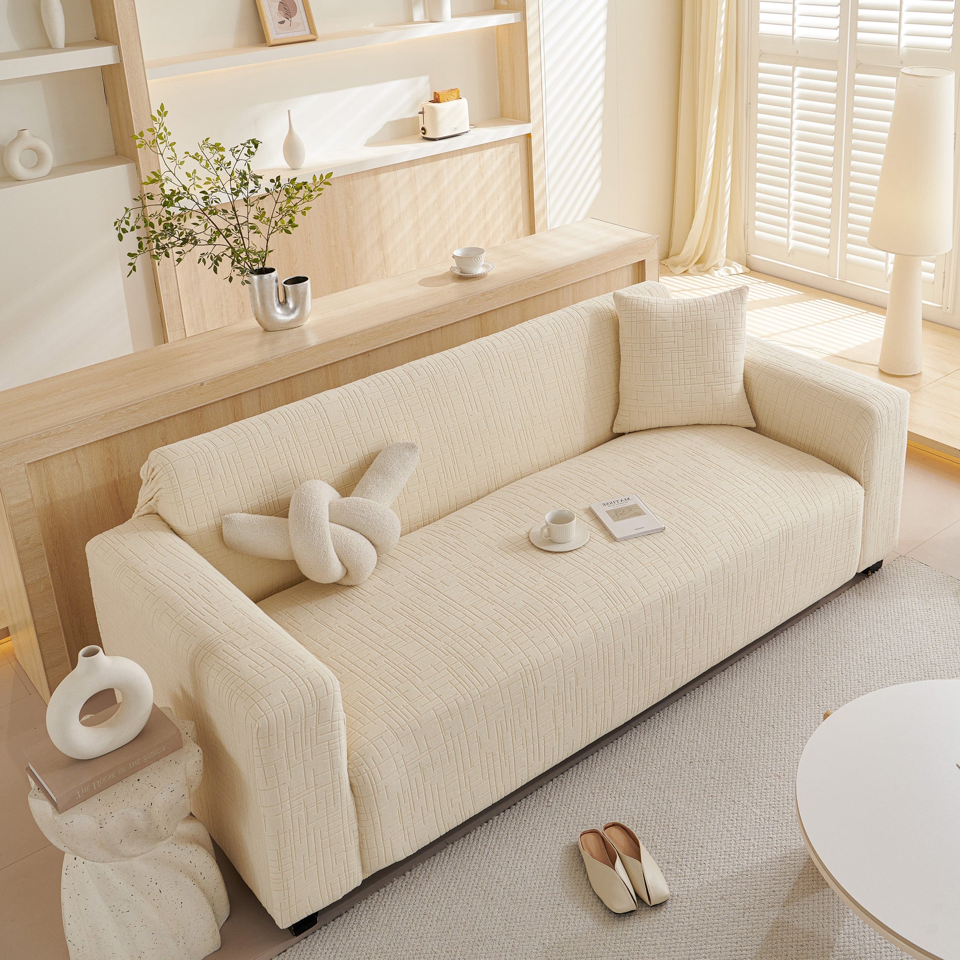 Embossed Lines Couch Covers Stretchable Non-Slip & Washable Sofa Slipcovers in a cozy living room setting.