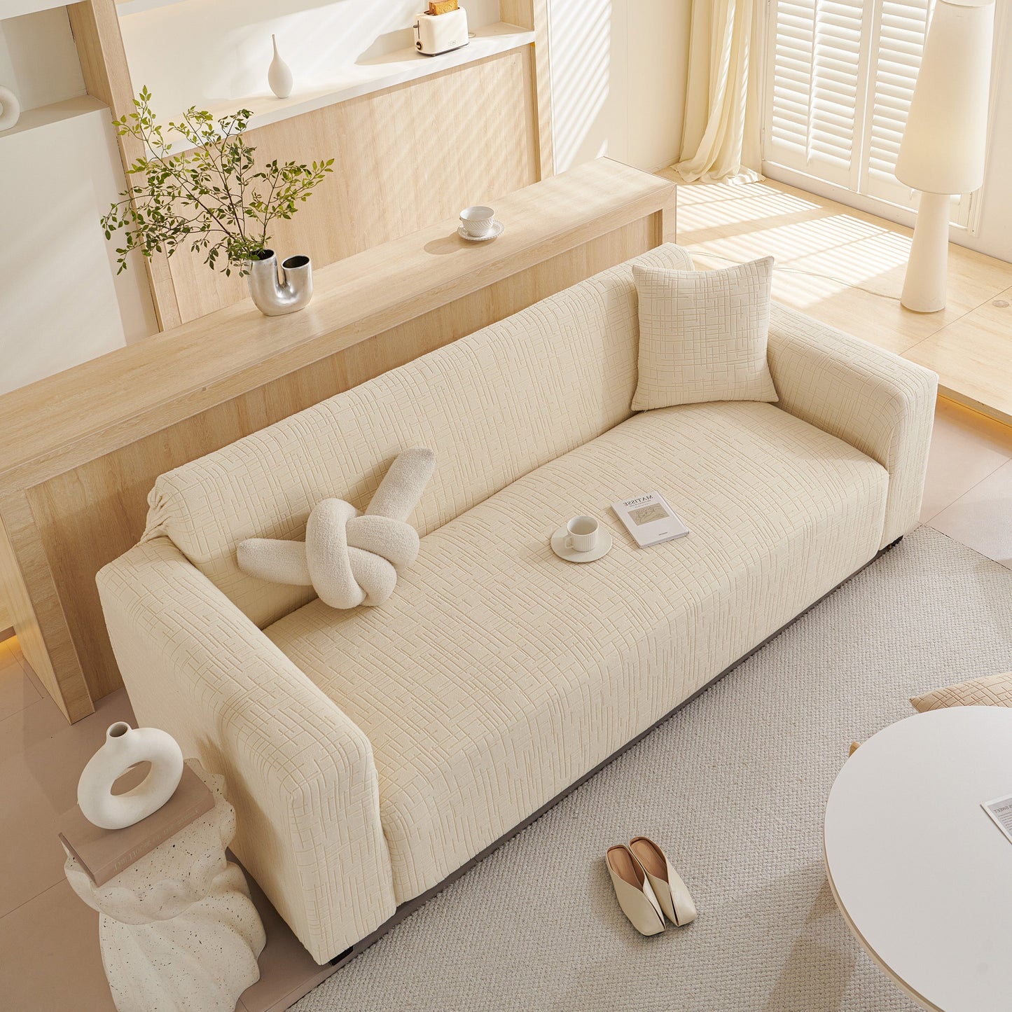 Living room with Embossed Lines Couch Covers Stretchable Non-Slip & Washable Sofa Slipcovers in a cozy setting